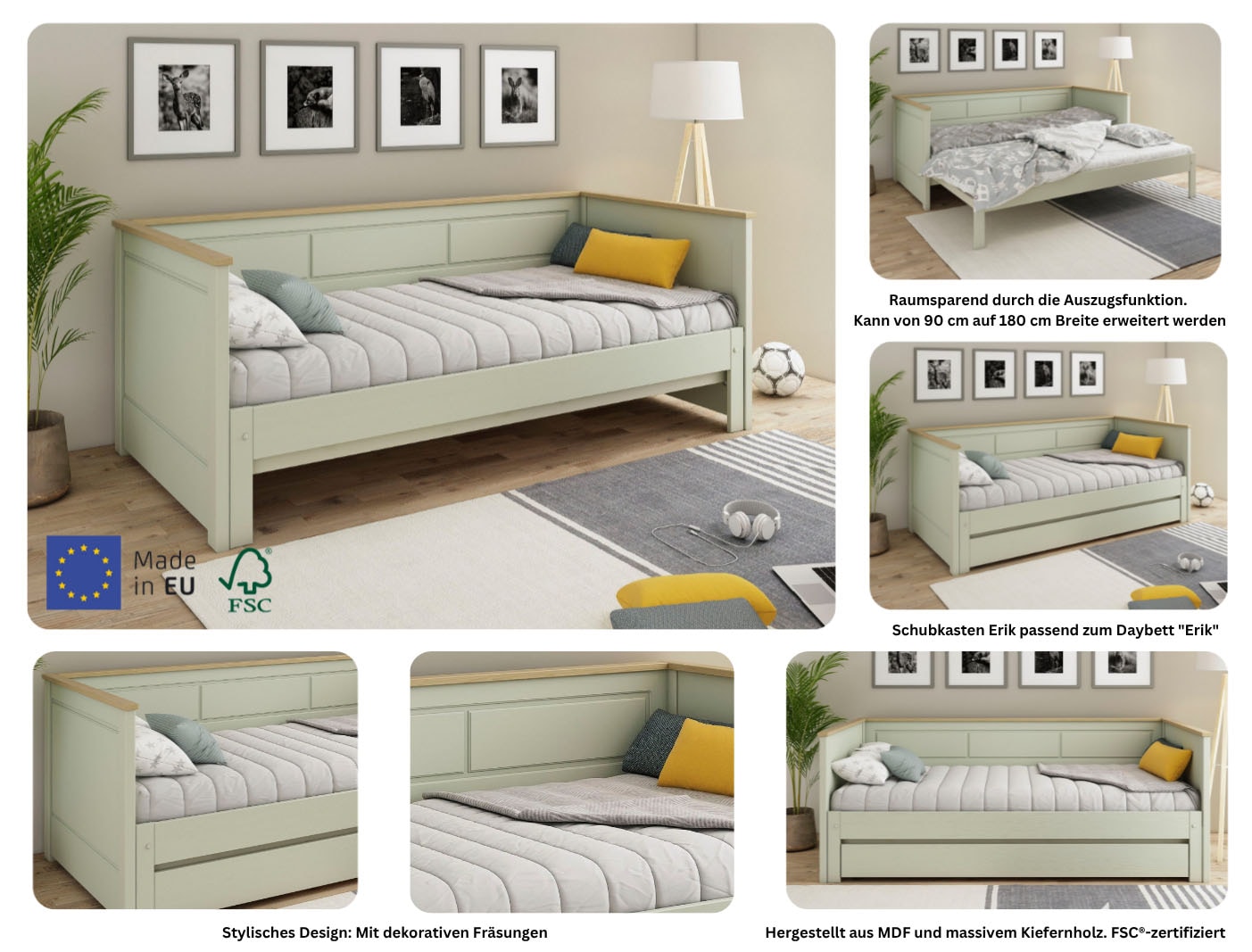 OTTO home Funktionsbett »" ERIK " TOPSELLER! Daybed, Gästebett, Kinderbett, Massivholz (Kiefer)« stilvolle Kassetten - Fräsung, 90x200cm ausziehbar auf 180x200cm),  2. Schlafplatz ausziehbar, moderner Landhausstil, Schublade optional