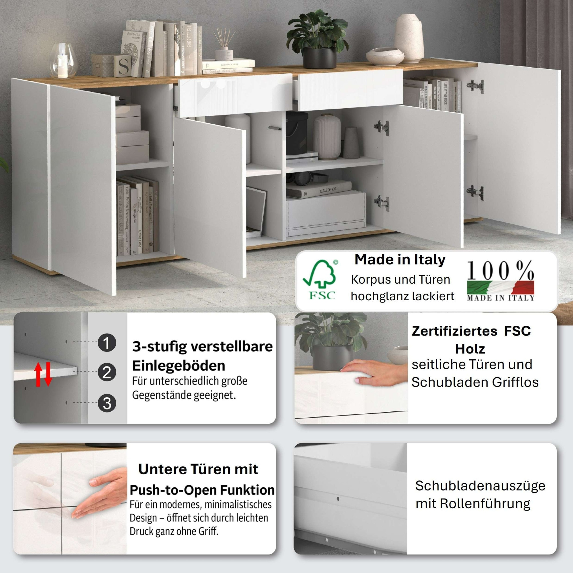 INOSIGN Sideboard »GARDA Sideboard,Kommode, Schrank, Kredenz Grifflos mit Push to Open«, (1 St.), 4 Türen, 2 Schubladen, grifflos Breite 200 cm