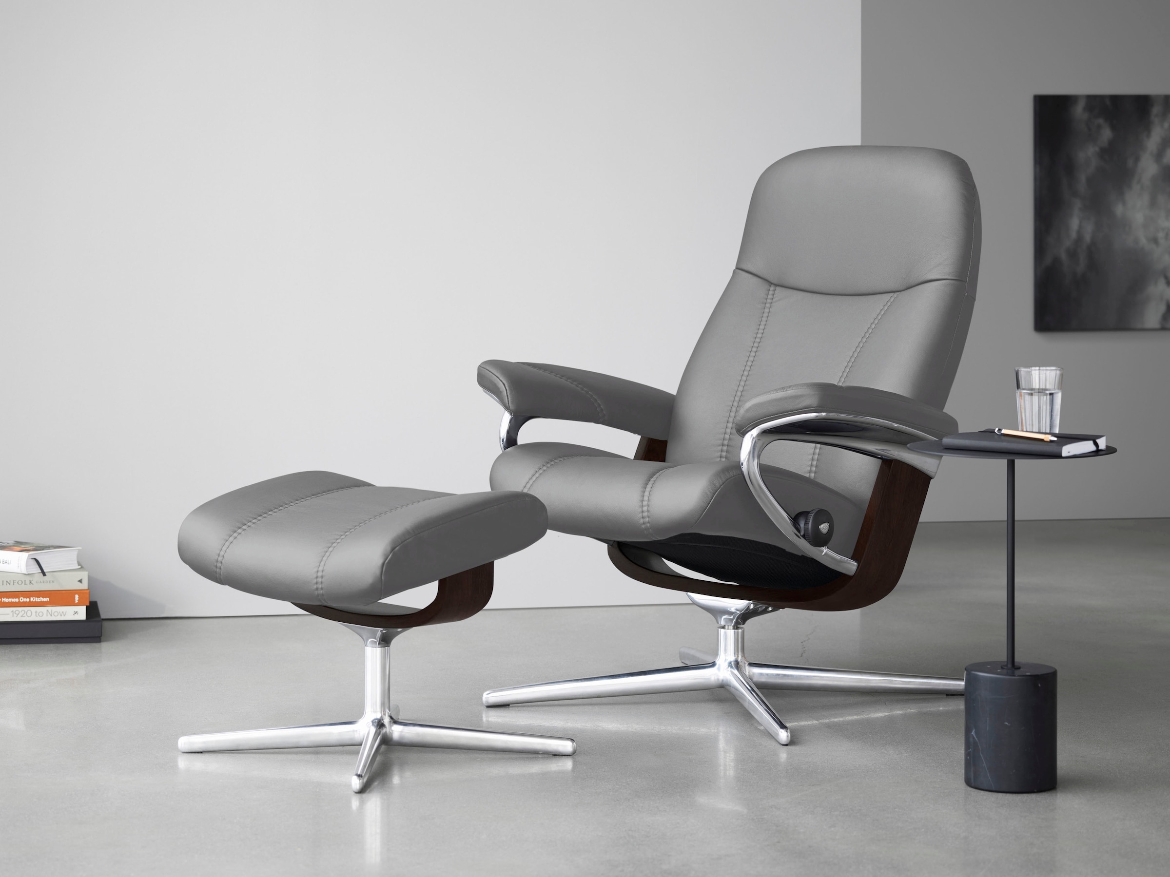 Stressless® Relaxsessel »Consul« Set, Relaxsessel mit Hocker,  mit Hocker, mit Cross Base, Größe S, M & L, Holzakzent Braun