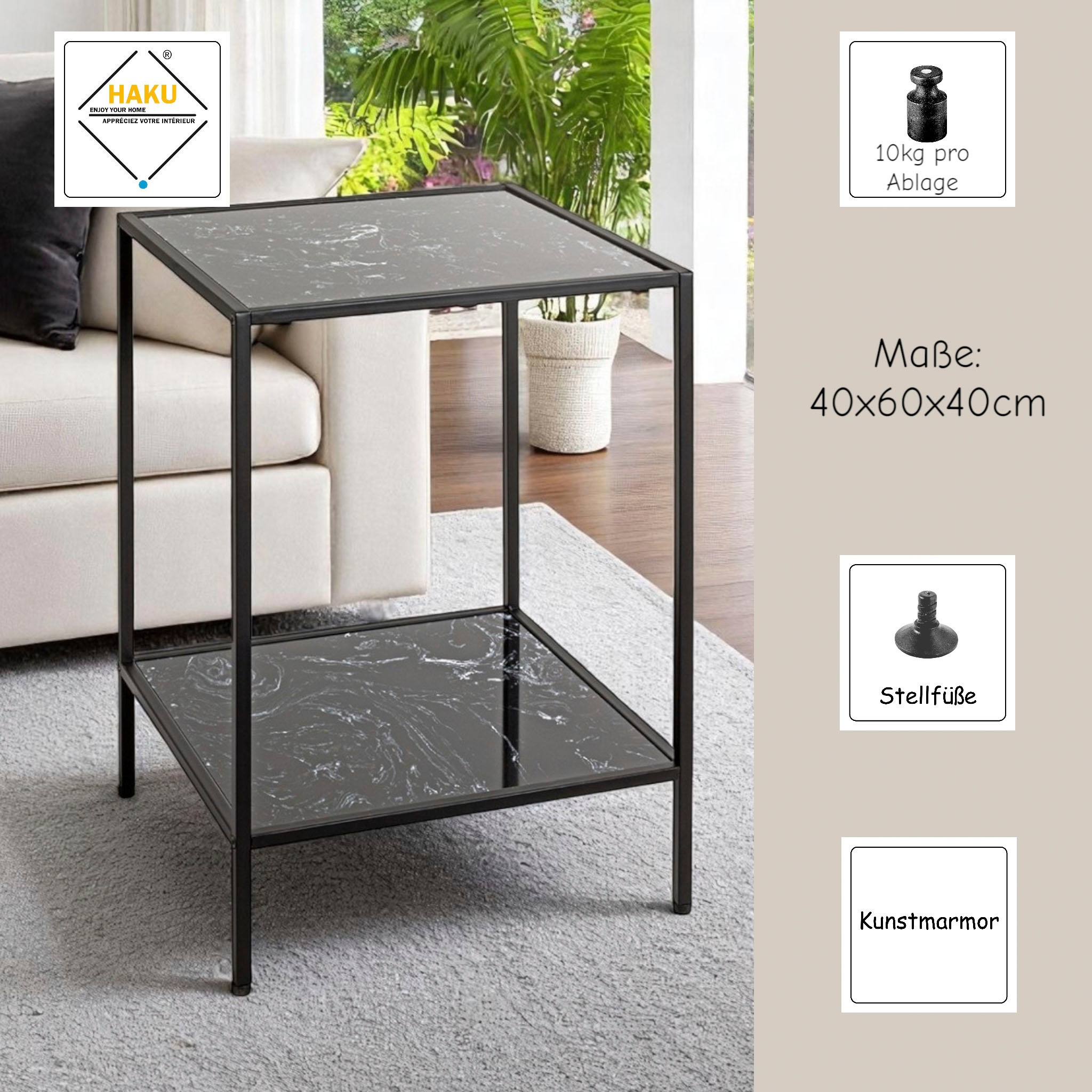 HAKU Beistelltisch »Sofatisch, Wohnzimmertisch« 1 Stk. tlg. quadratisch - aus Kunstmarmor Schwarz B/T/H 40/40/60 cm