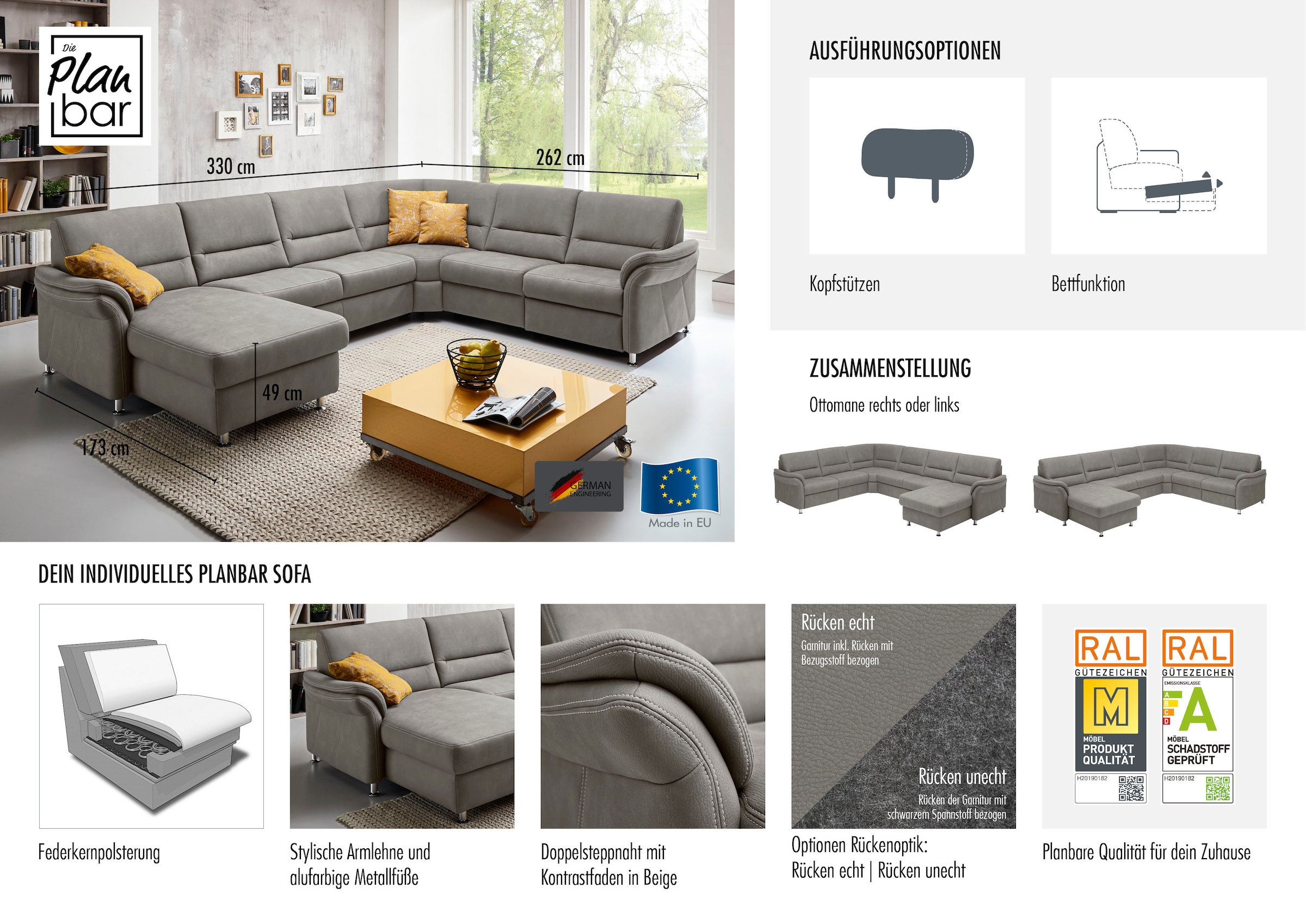 Die PlanBar Wohnlandschaft »ZE-EM16033 U-Form, Breite 330 cm« wahlweise mit Kopfstützen und Bettfunktion