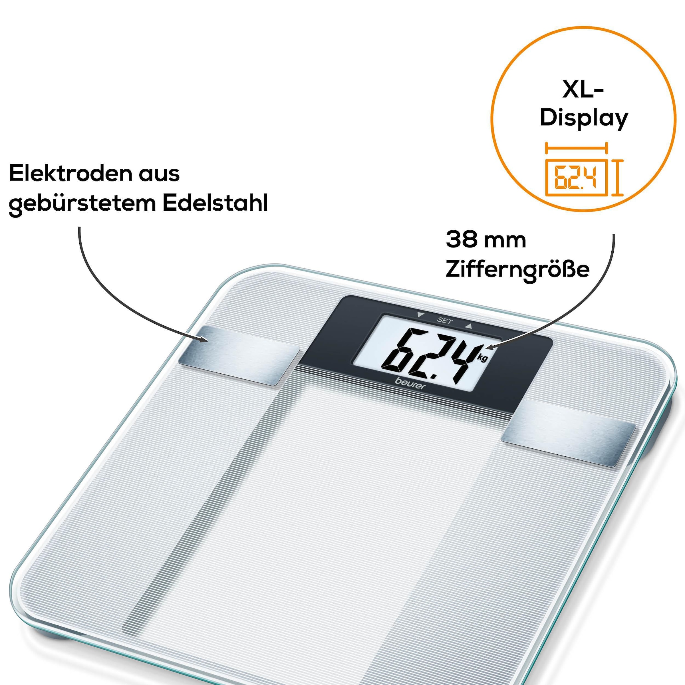 BEURER Körper-Analyse-Waage »BG 13 zur Messung von Gewicht, Körperfett, Körperwasser, Muskelanteil« Trittfläche aus Sicherheitsglas, Tragkraft bis 150 kg