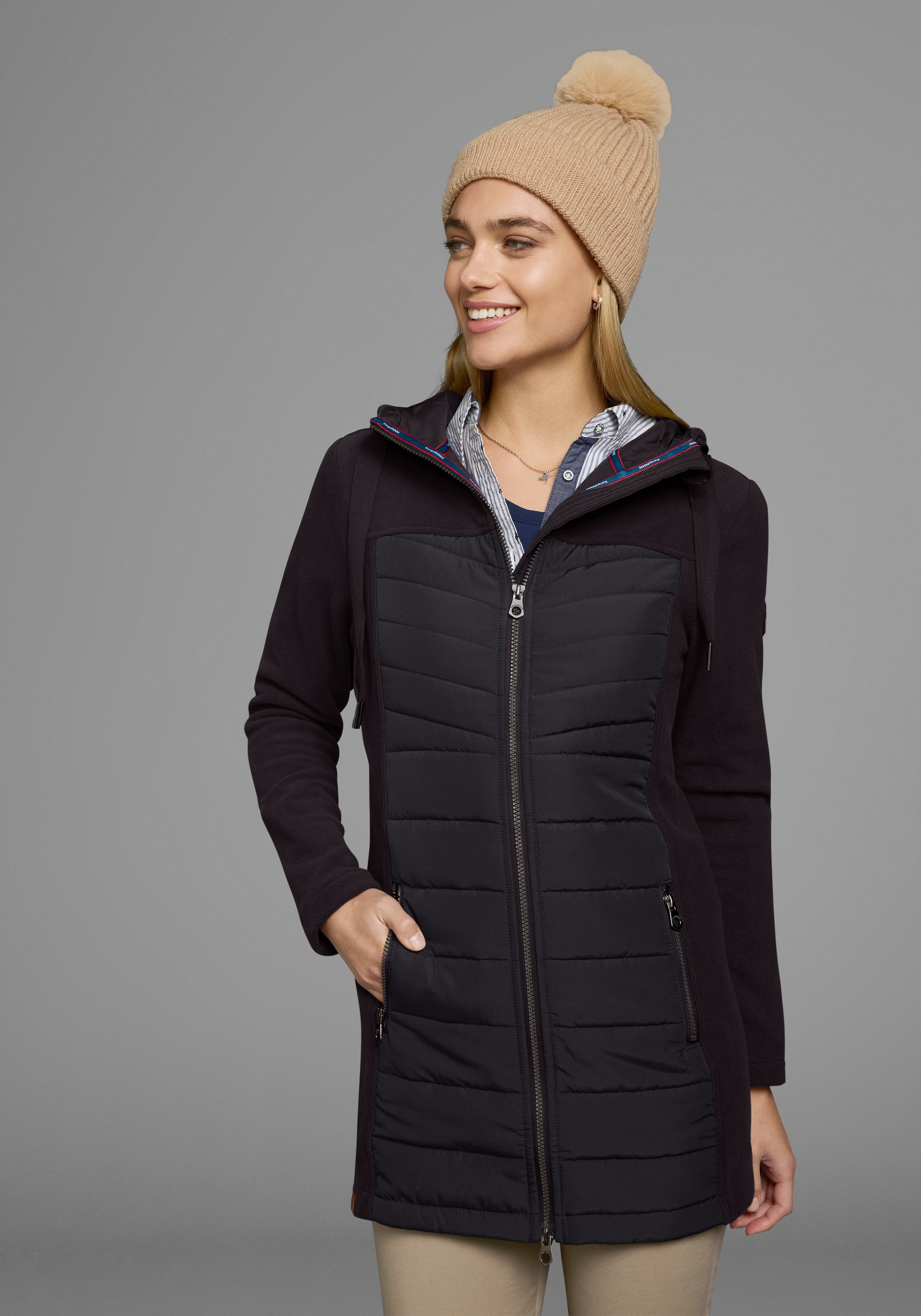 KANGAROOS Langjacke mit Kapuze Hybridjacke - Fleecejacke mit wattierten Bereichen marine 46 46 Leichter Webstoff mit Fleece Ärmeln für angenehmes...