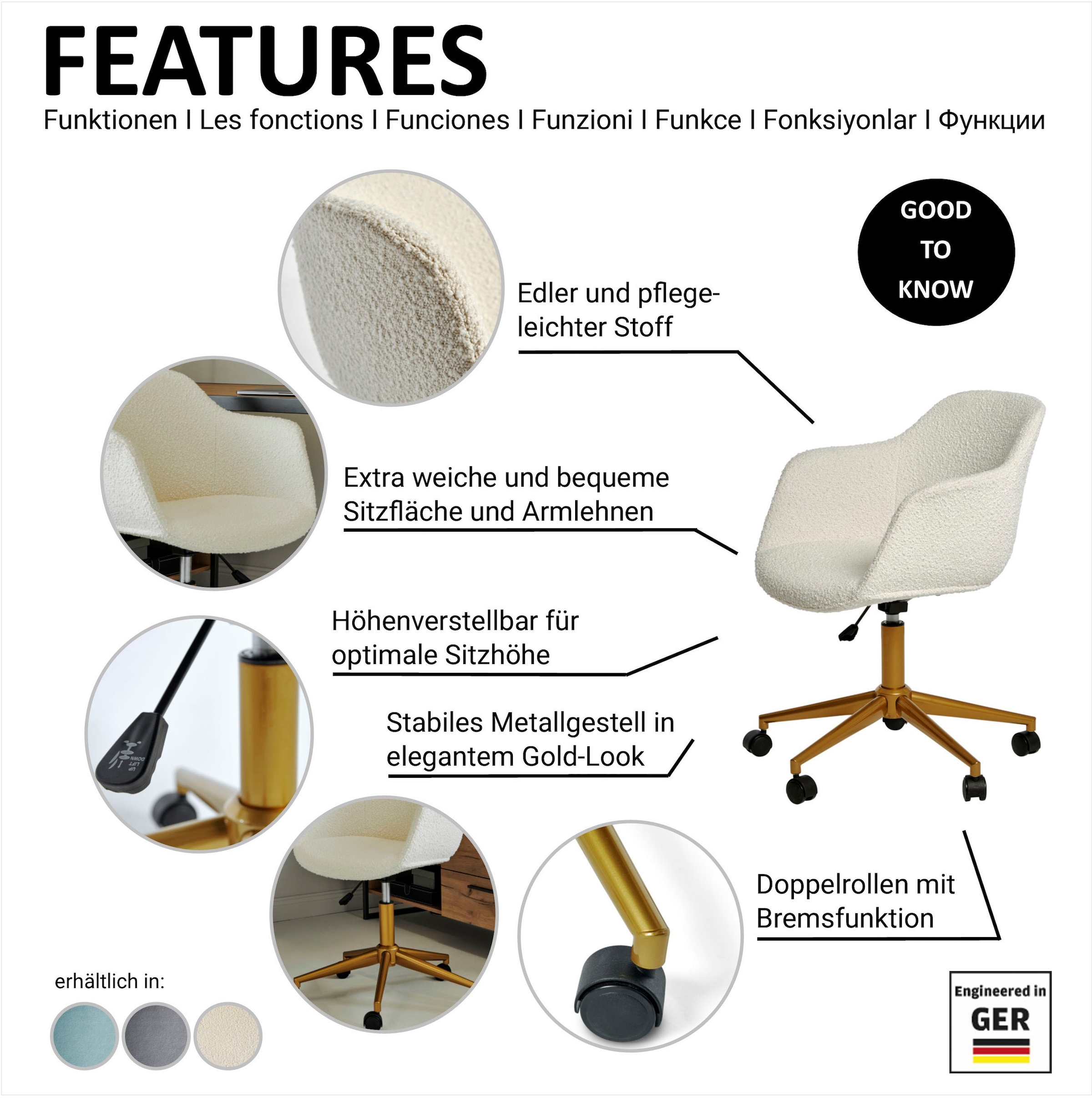 Jahnke Schreibtischstuhl »SHELL WORX«, 1 St., Bouclé, Büro-/ Schreibtischstuhl, höhenverstellbar, Samt, Gestell in Gold-Look