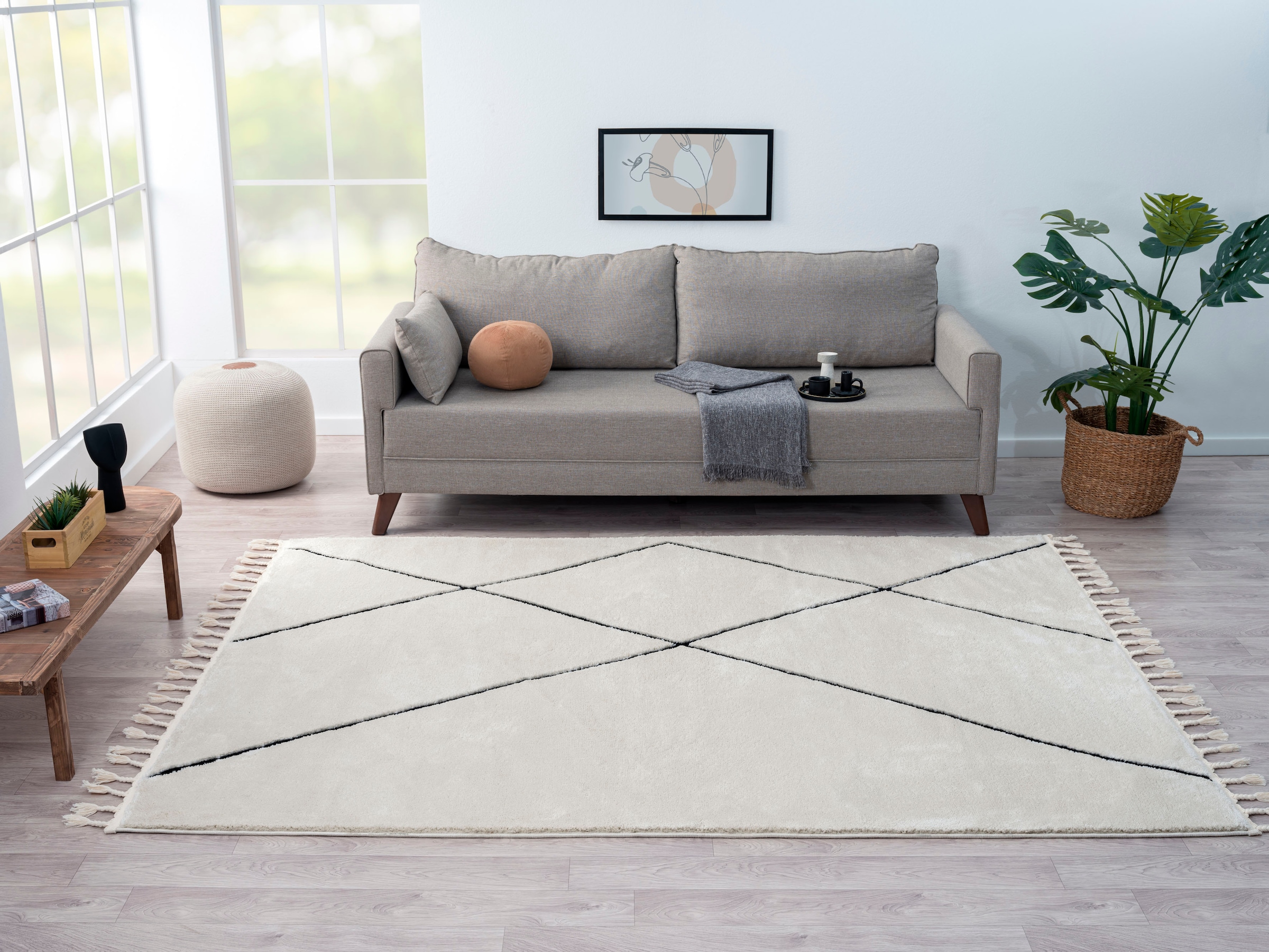 Myflair Möbel & Accessoires Hochflor-Teppich »Moroccan Signature«, rechteckig, 24 mm Höhe, modern, marokkanisches Design, Rauten Muster, weich, mit Fransen