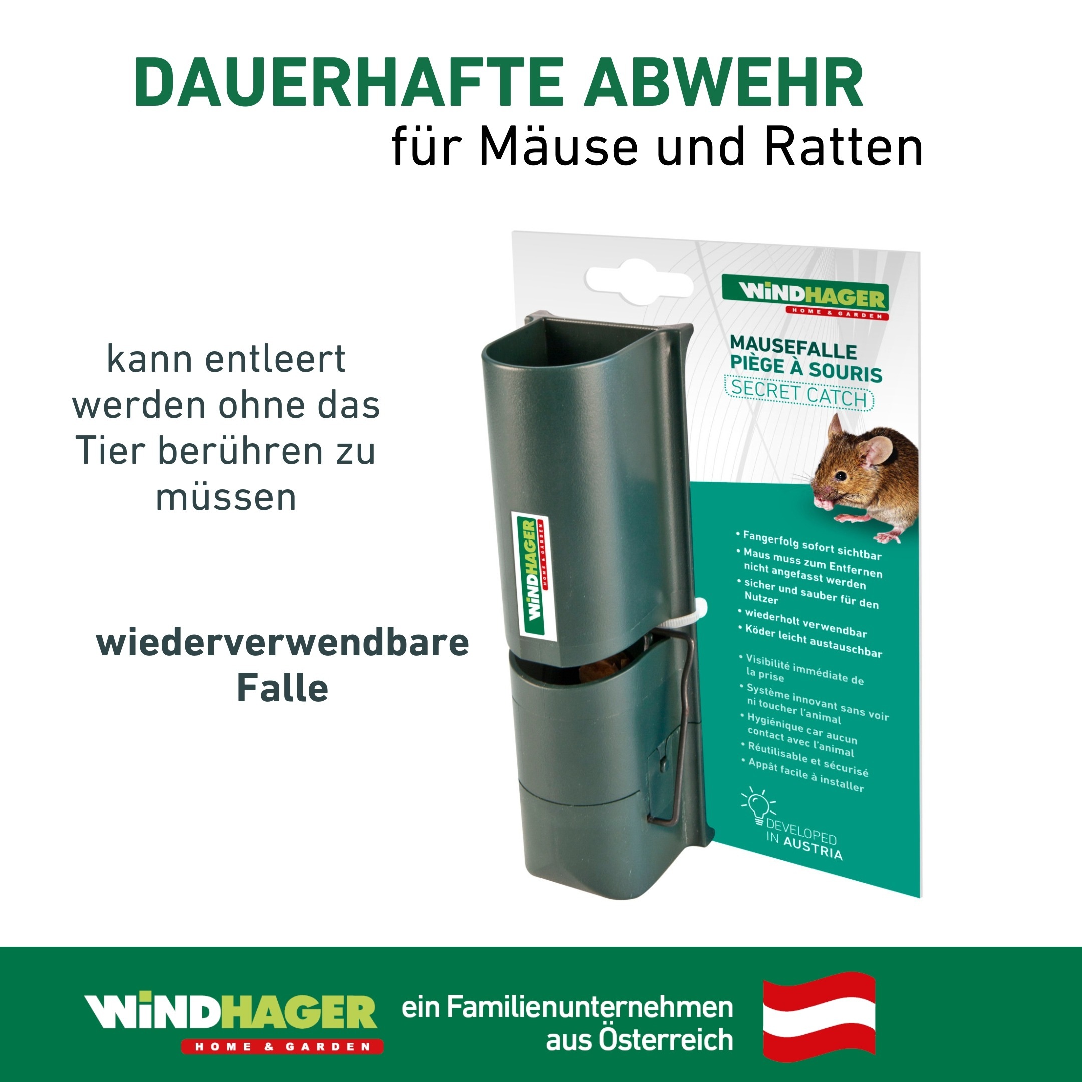 Windhager Schlagfalle »secret catch trap, Mausefalle mit sichtbarem Fangerfolg« Schädlingsbekämpfung wiederverwendbar, Mäuseköder, schwarz