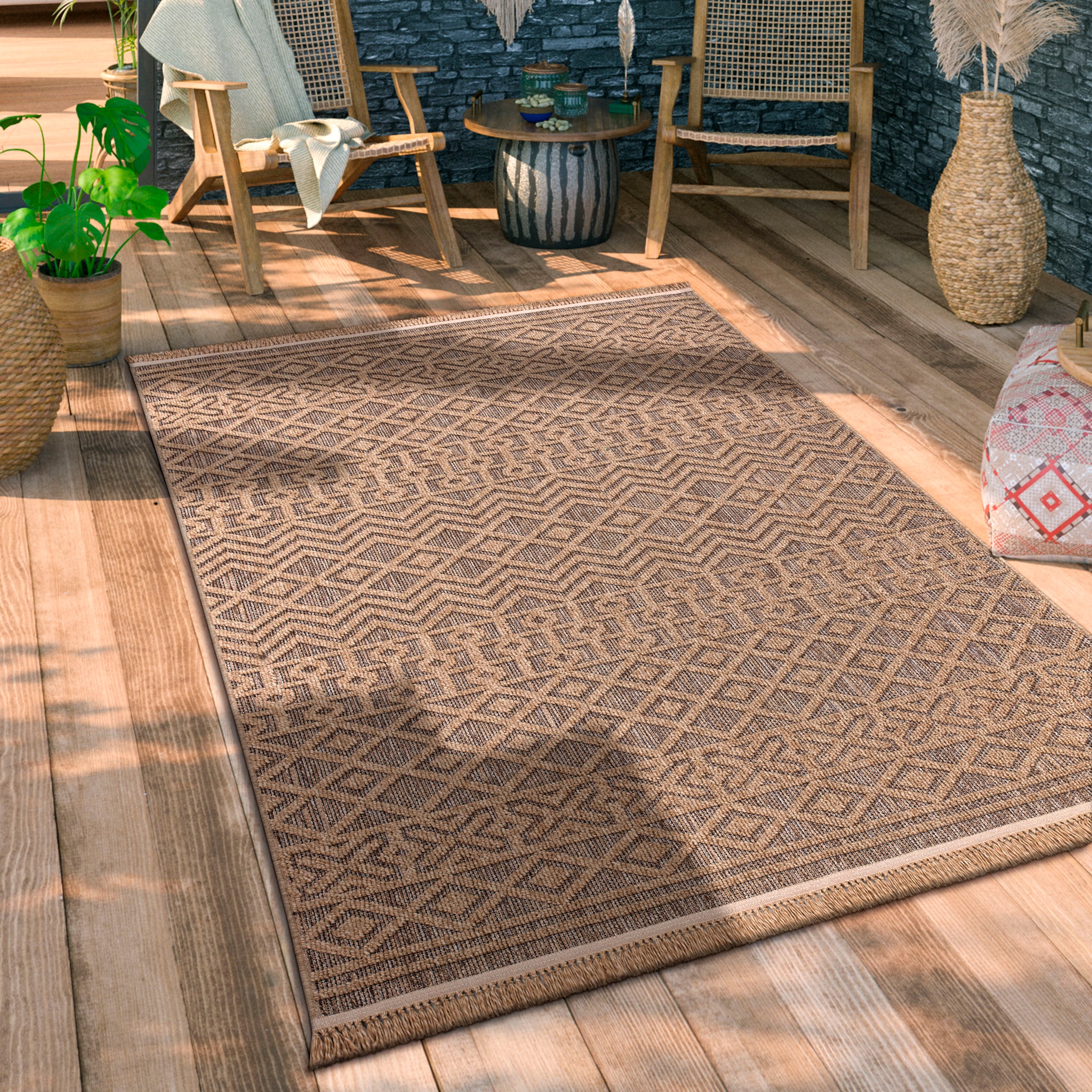 Paco Home Teppich »Cologne 495«, rechteckig, 11 mm Höhe, Flachgewebe, meliert, Rauten Motiv, mit Fransen, Outdoor geeignet