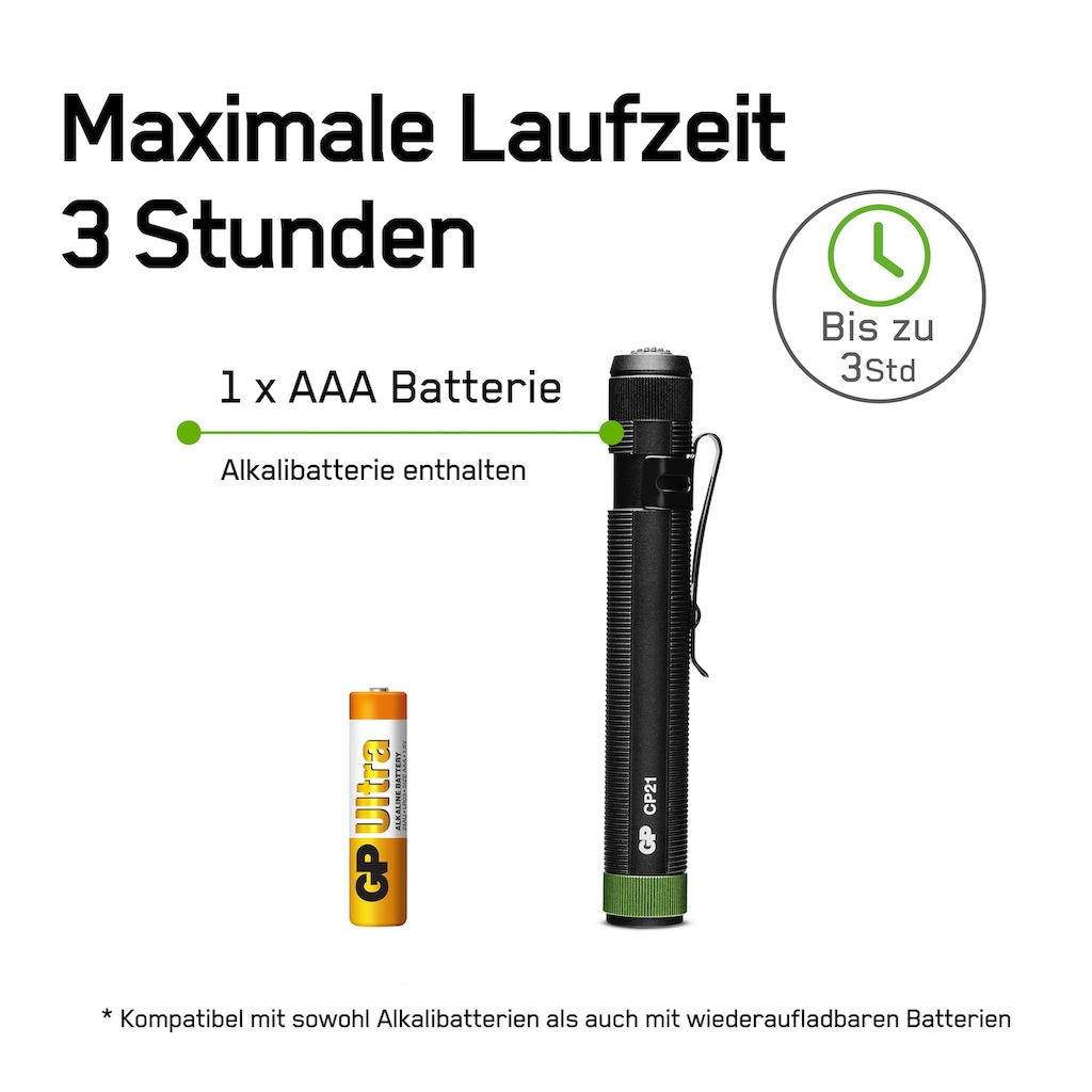 GP Batteries Taschenlampe »CP21«, 20 Lumen, inkl. 1x AAA Batterie, Metallgehäuse, IPX4,Leuchtweite 25m
