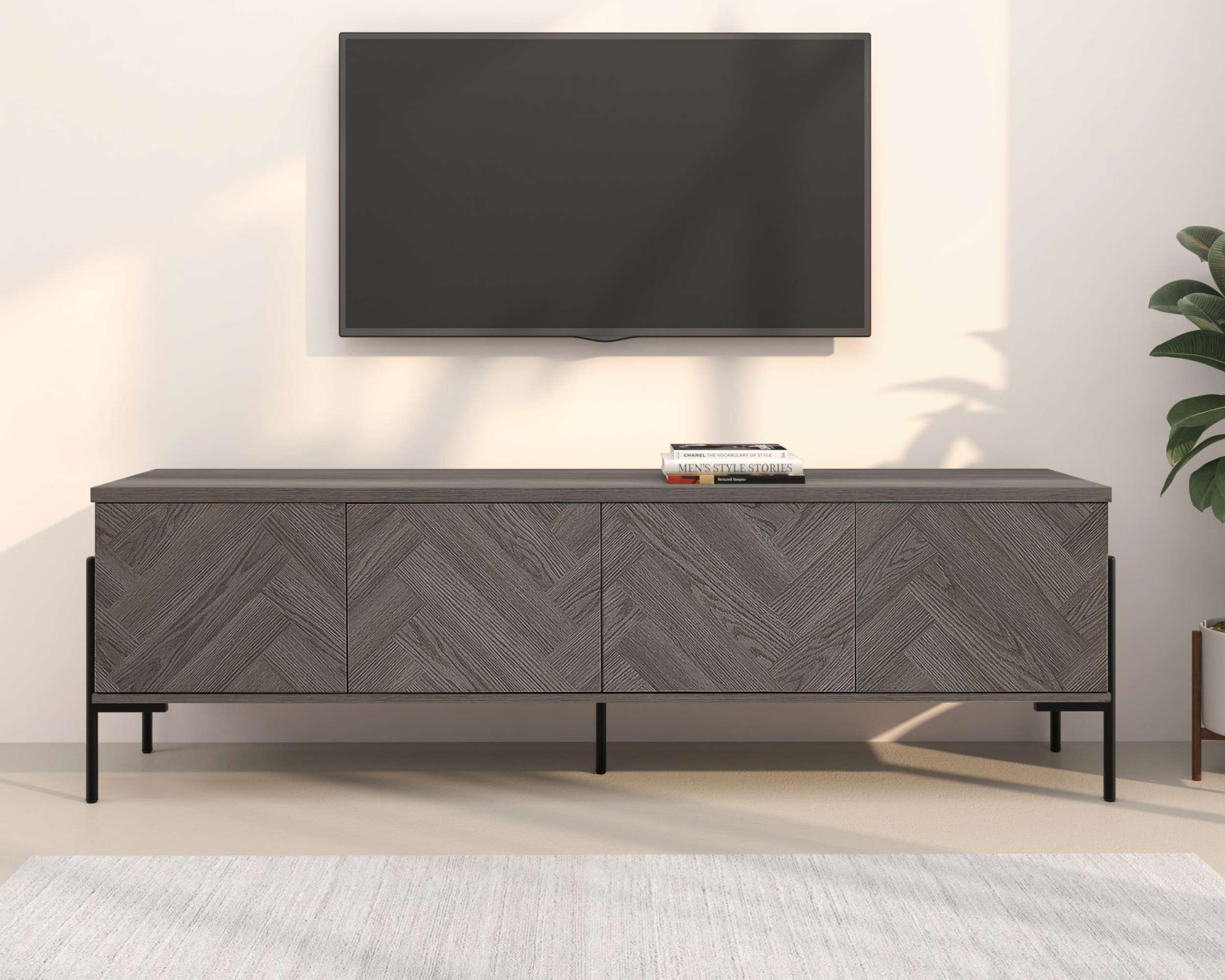 Leonique Lowboard »Eadwine« TV-Kommode, Push-to-open, Türen mit Fischgräten Muster, Breite 175 cm