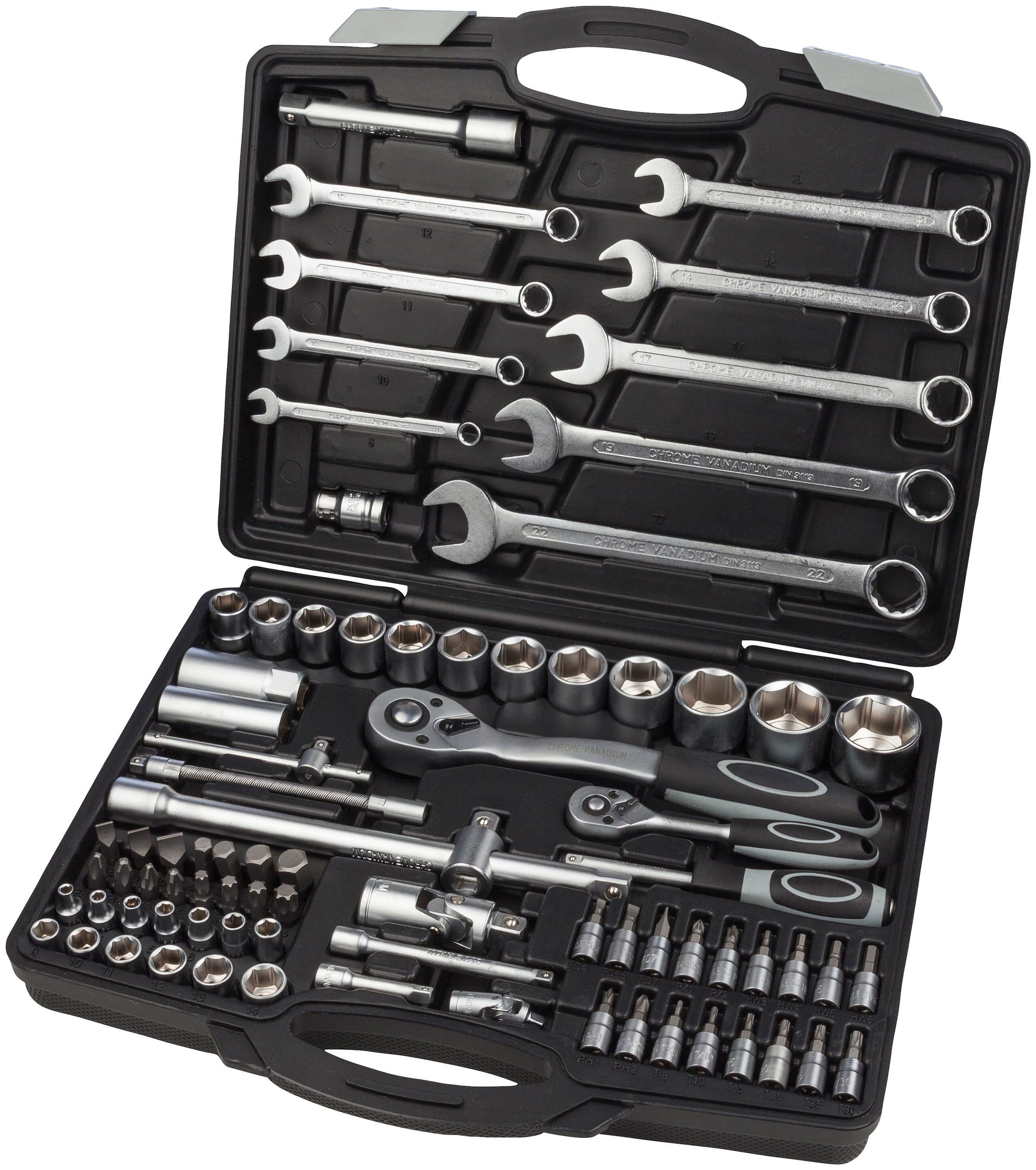 WGB BASIC PLUS Werkzeugset »1/2" + 1/4" Steckschlüssel-Garnitur«, 82-tlg., Chrom-Vanadium Stahl, im Stahlblechkasten