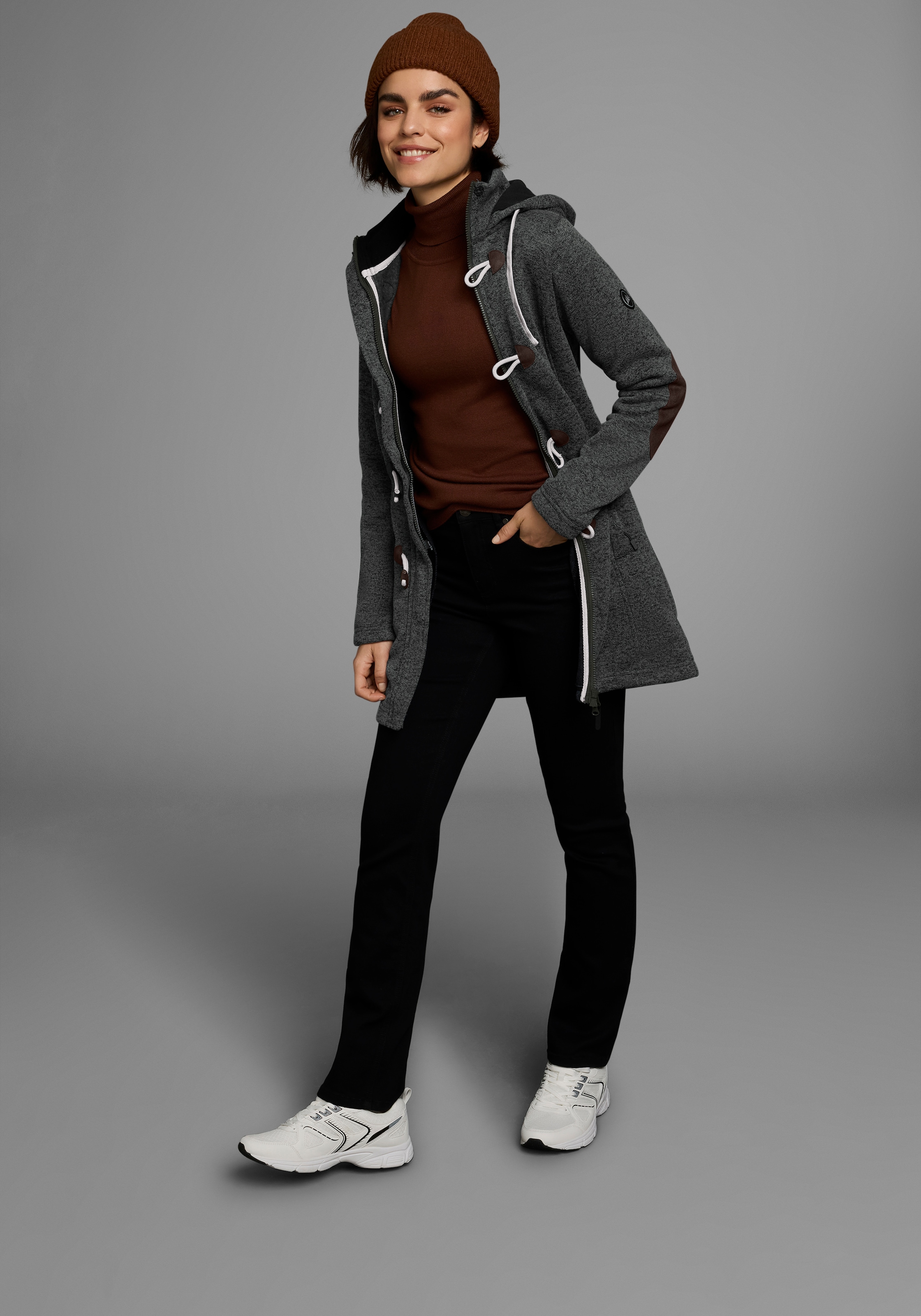 Polarino Strickfleecejacke mit Kapuze für den Übergang,  aus Strickfleece,  atmungsaktiv