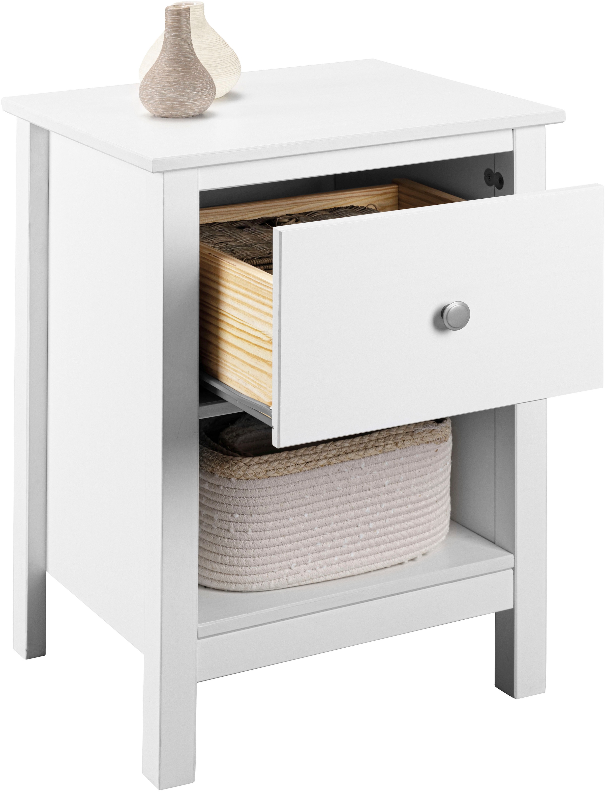 Inter Link Nachtkommode »Pinora, Kiefer Massivholz, Weiss, 1 Schublade, 47 x 39,5 x 66 cm« 1 Stk. tlg. Nachttisch im modernem Skandi Look, offenes Fach