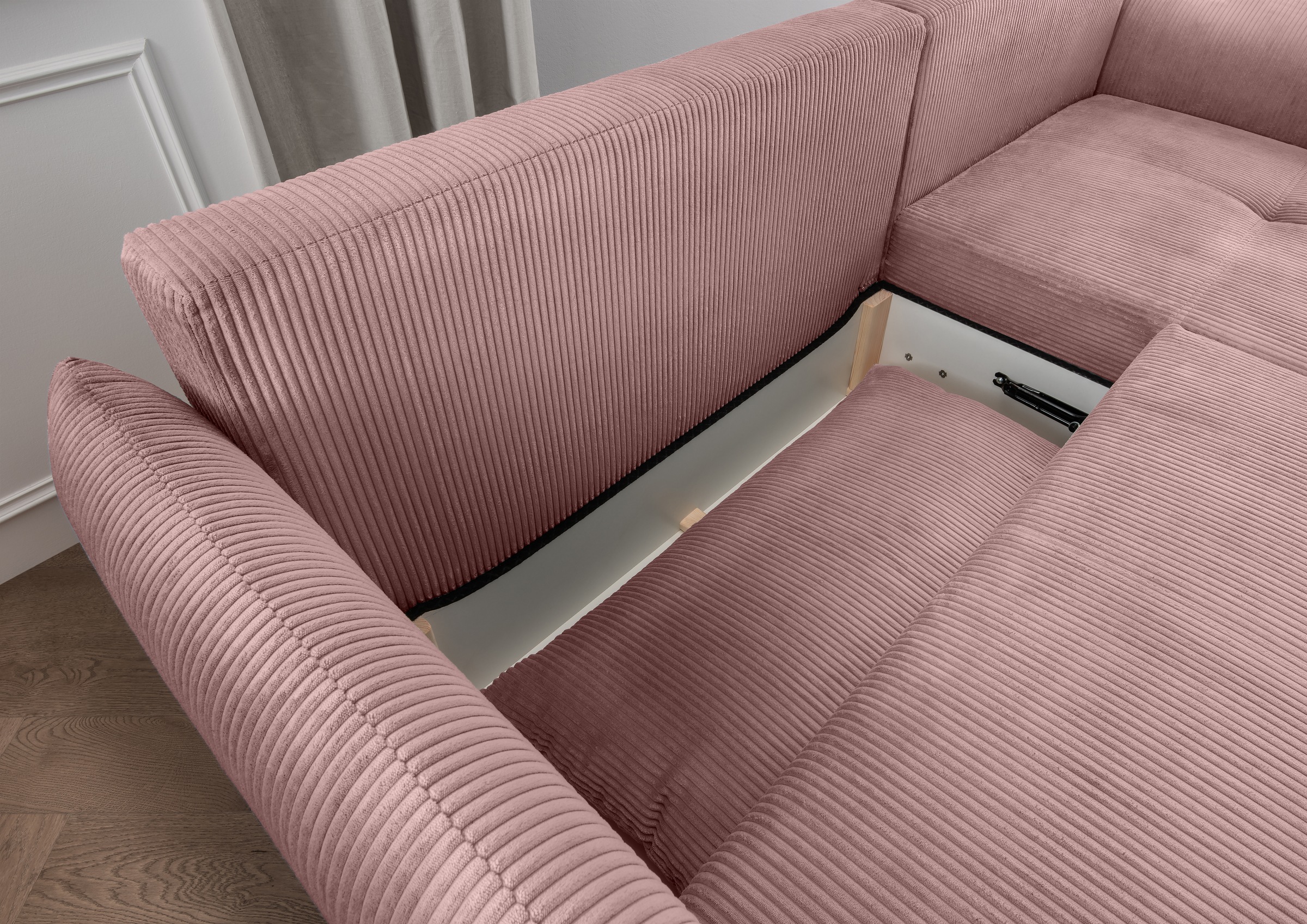 INOSIGN Ecksofa »Mara, L-Form, aktueller Cord Bezug und tolle Farben, schmale Armlehnen«, whlw. mit Bettfunktion,Recamiere links/rechts montierbar, Breite 238cm