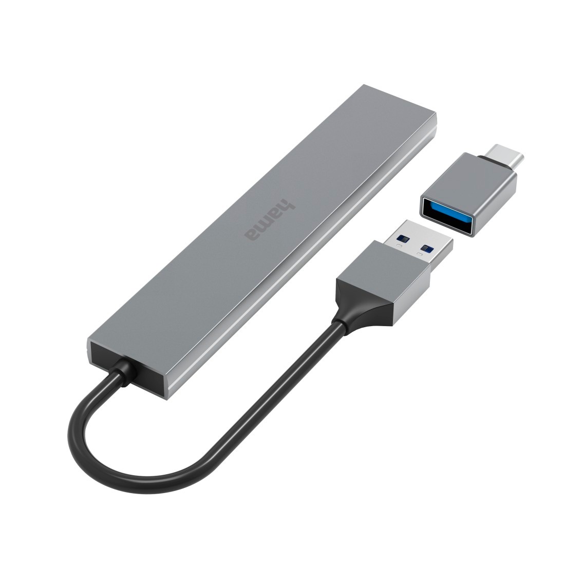 Hama USB-Adapter »USB Hub mit Adapter, 4 Ports mit USB C und USB A Stecker, Slim, grau«, USB Typ A-USB Typ C zu USB Typ A, 15 cm