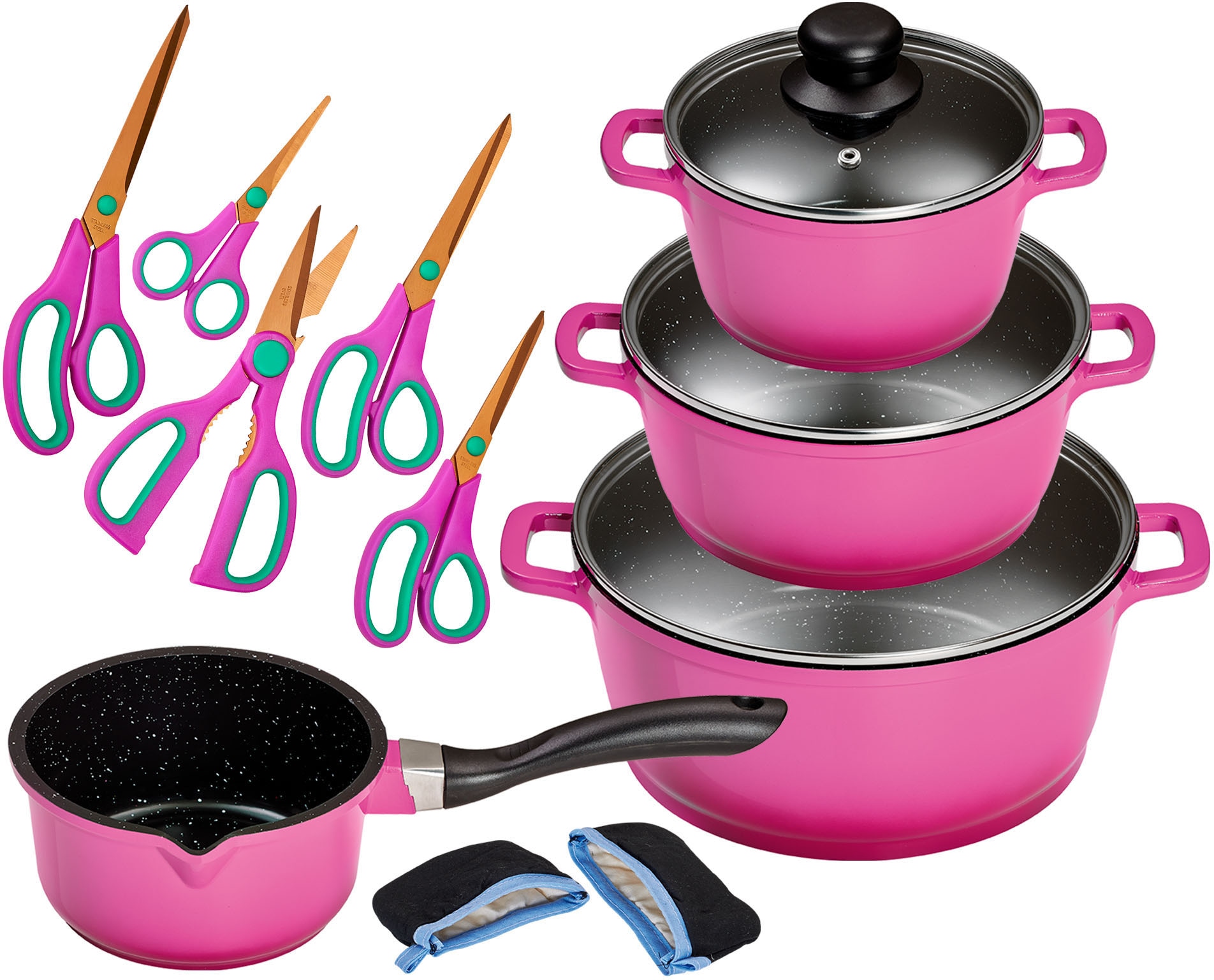 KING Topf-Set »ALUGUSS«, Aluminiumguss, (Set, 14 tlg., je 1 Kochtopf 16/20/24 cm, 1 Stieltopf 16 cm, Scheren-Set, Grips), Glasdeckel,Induktion,Keramik-Antihaft-Beschichtung
