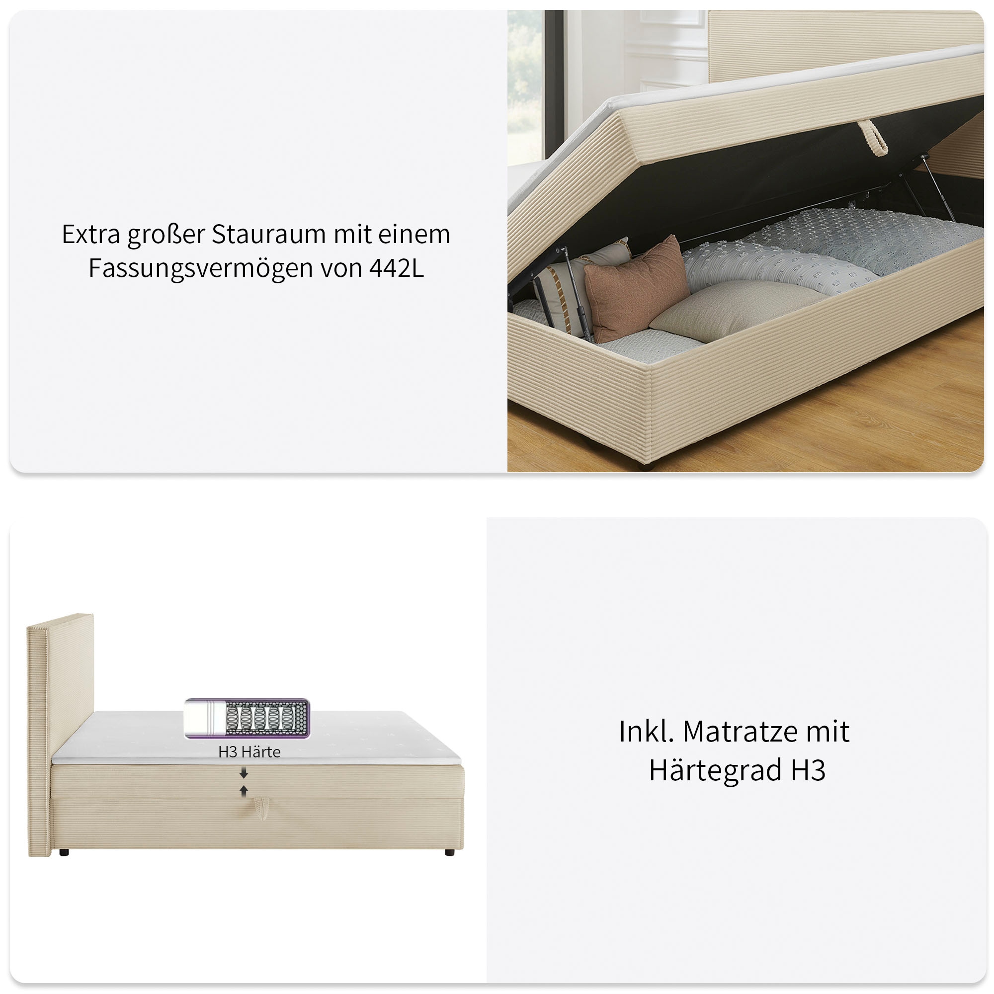OTTO home Boxbett »Eliaas inkl. Bettkasten und Topper, Liegefläche 180x200cm« erhältlich in hochwertigem Cord-Stoff, inkl. Aufbauvideo
