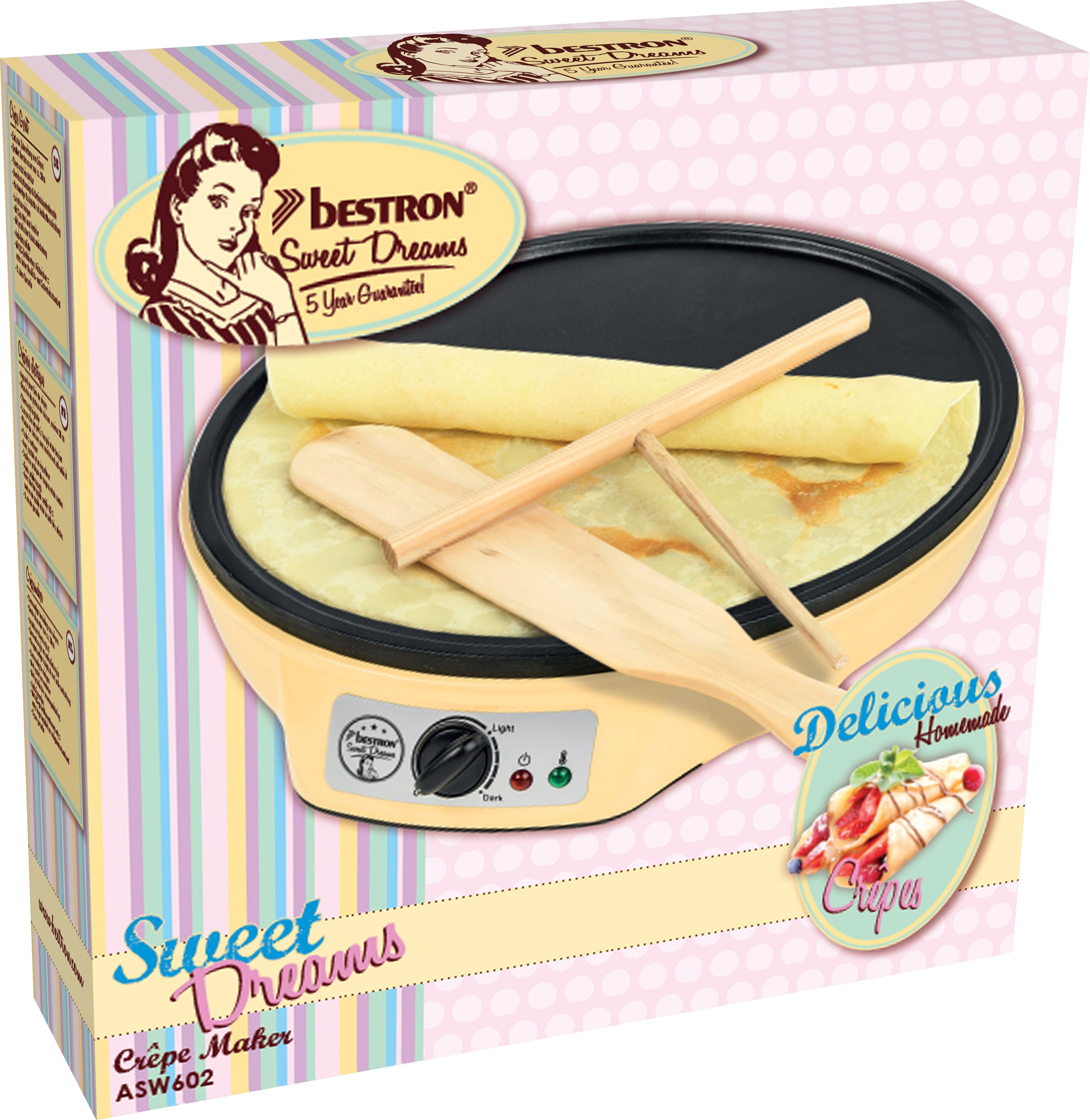 bestron Crêpesmaker »ASW602 Sweet Dreams«, 1000 W, Ø 30 cm, inkl. Teigverteiler & Crêpes-Wender, Antihaftbeschichtung