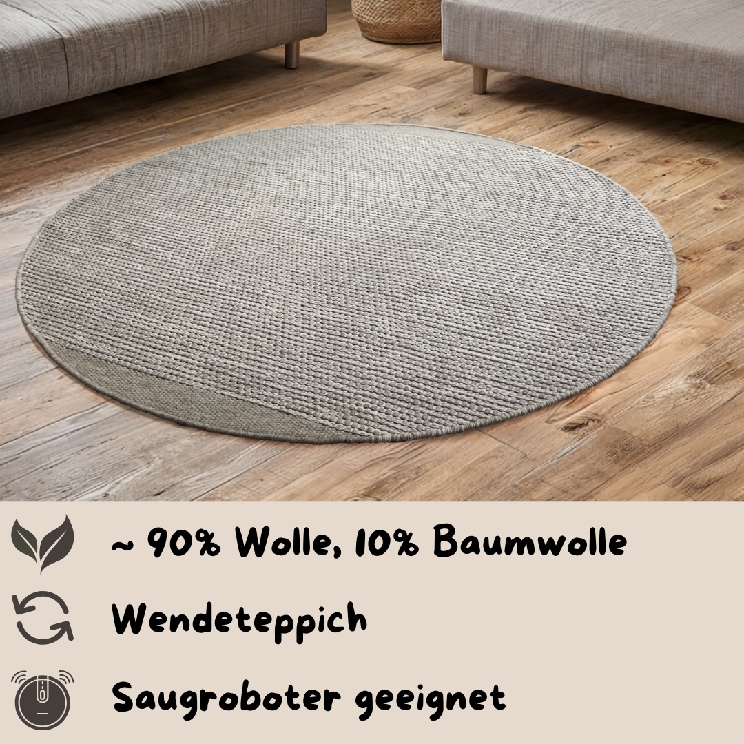 my home Wollteppich »Odenne«, rund, 10 mm Höhe, handgewebter Wendeteppich, melierte Optik, reine Wolle, Wohnzimmer
