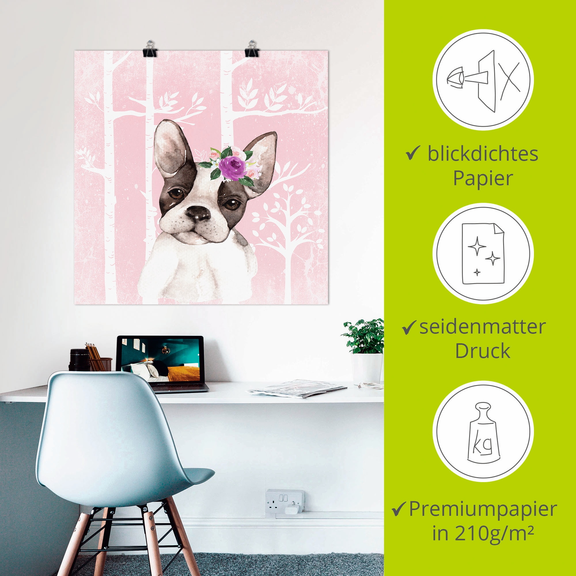 Artland Wandbild »Mops Hund mit Blumen im pink Wald«, Tiere, (1 St.), als Poster, Wandaufkleber in verschied. Größen