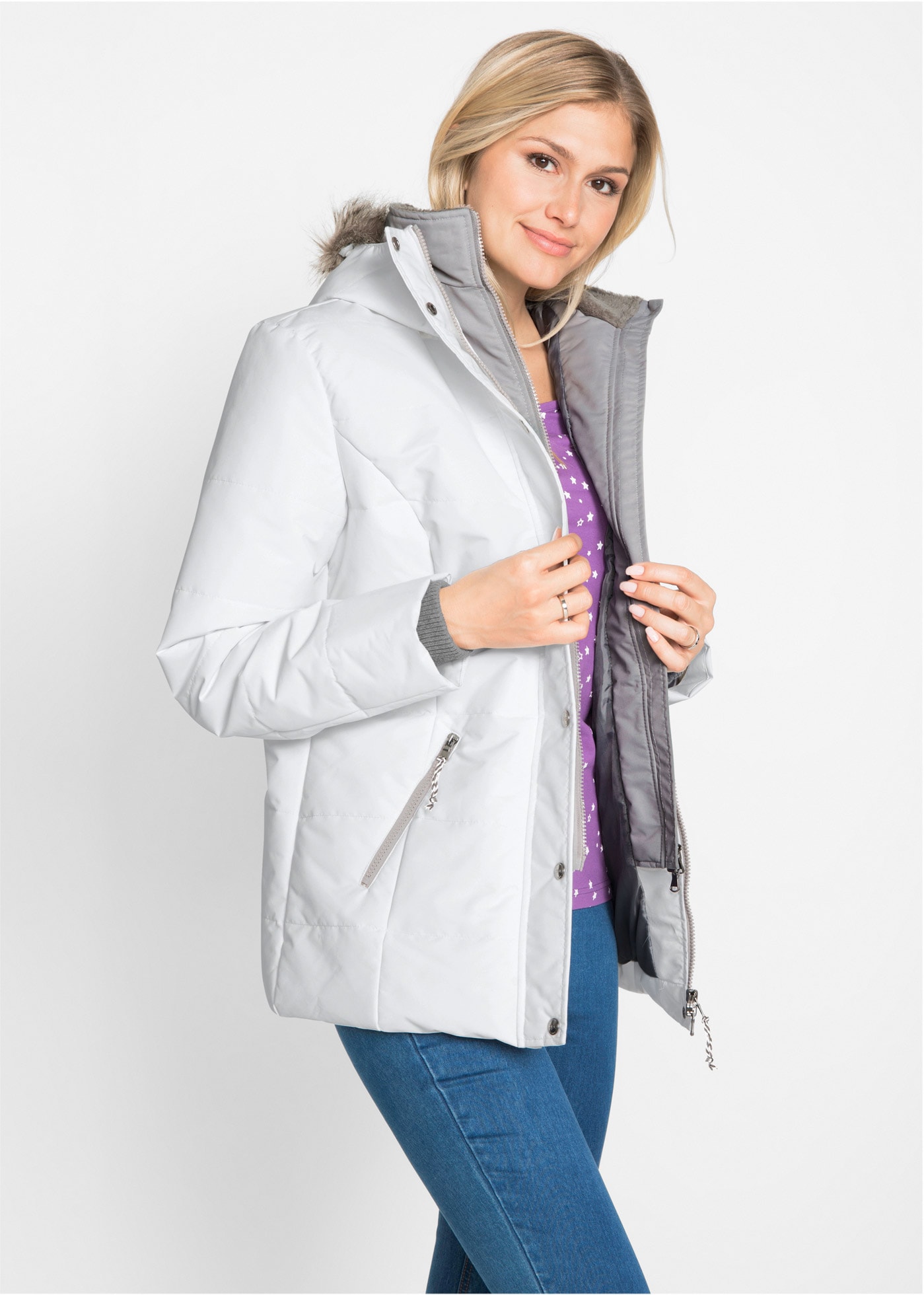 bonprix Winterjacke »Winterjacke in 2-in1 Optik« mit Kapuze mit 2-in-1 Optik, mit integriertem Fleeceeinsatz, Slim fit Passform