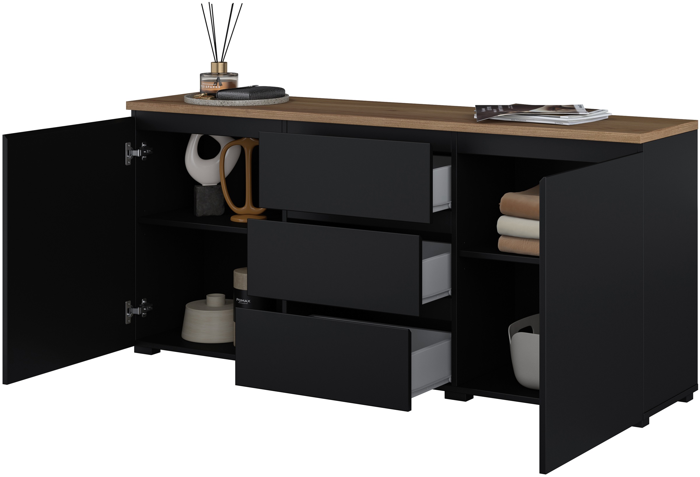 OTTO home Sideboard »Modo, Breite 150 cm, moderne grifflose Kommode 2Türen/3 SK« Schubladenkommode mit viel Stauraum, Einlegeböden verstellbar
