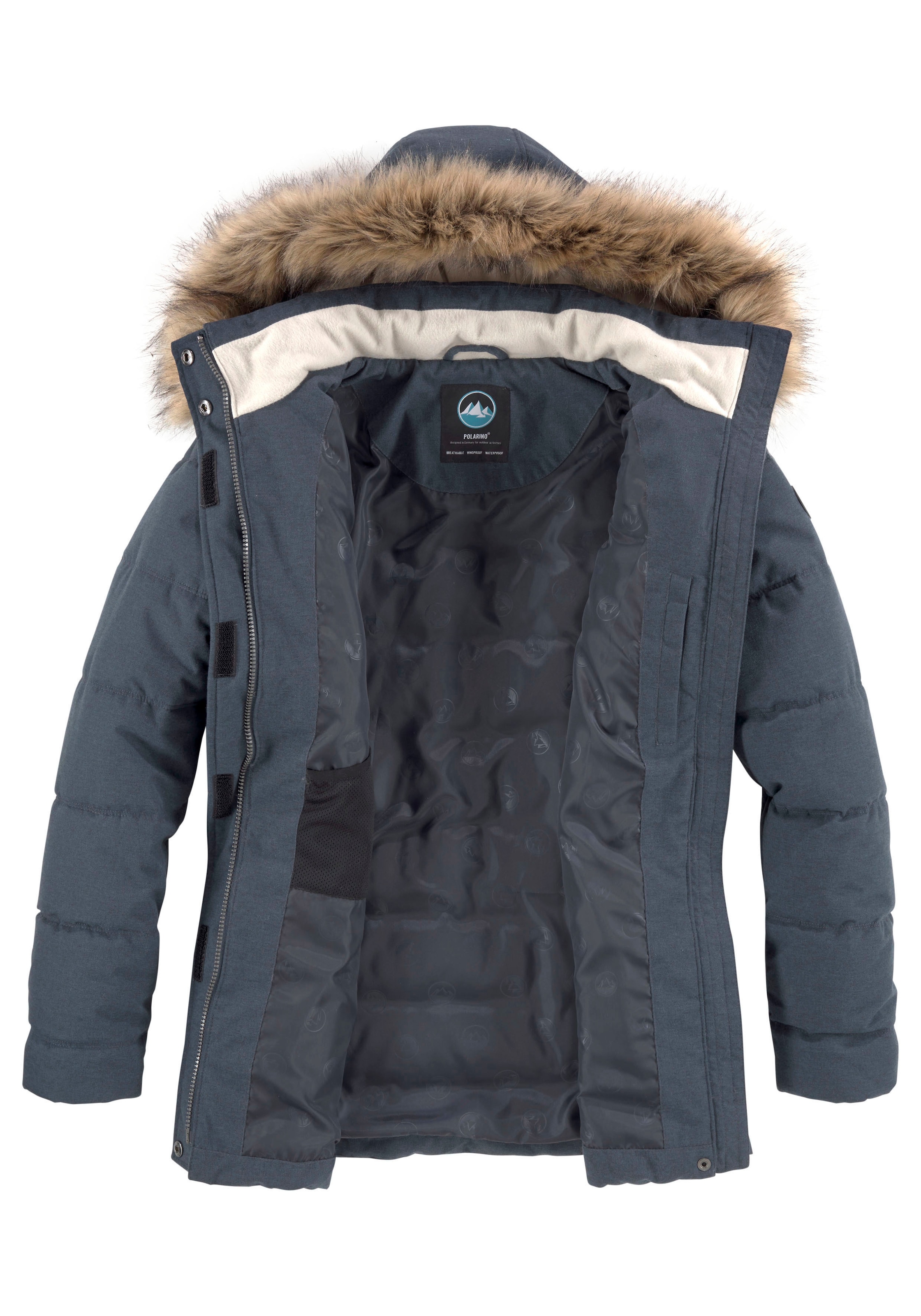 Polarino Steppjacke mit Kapuze mit abnehmbarer Kapuze,  mit Fellimitat,  viele Taschen