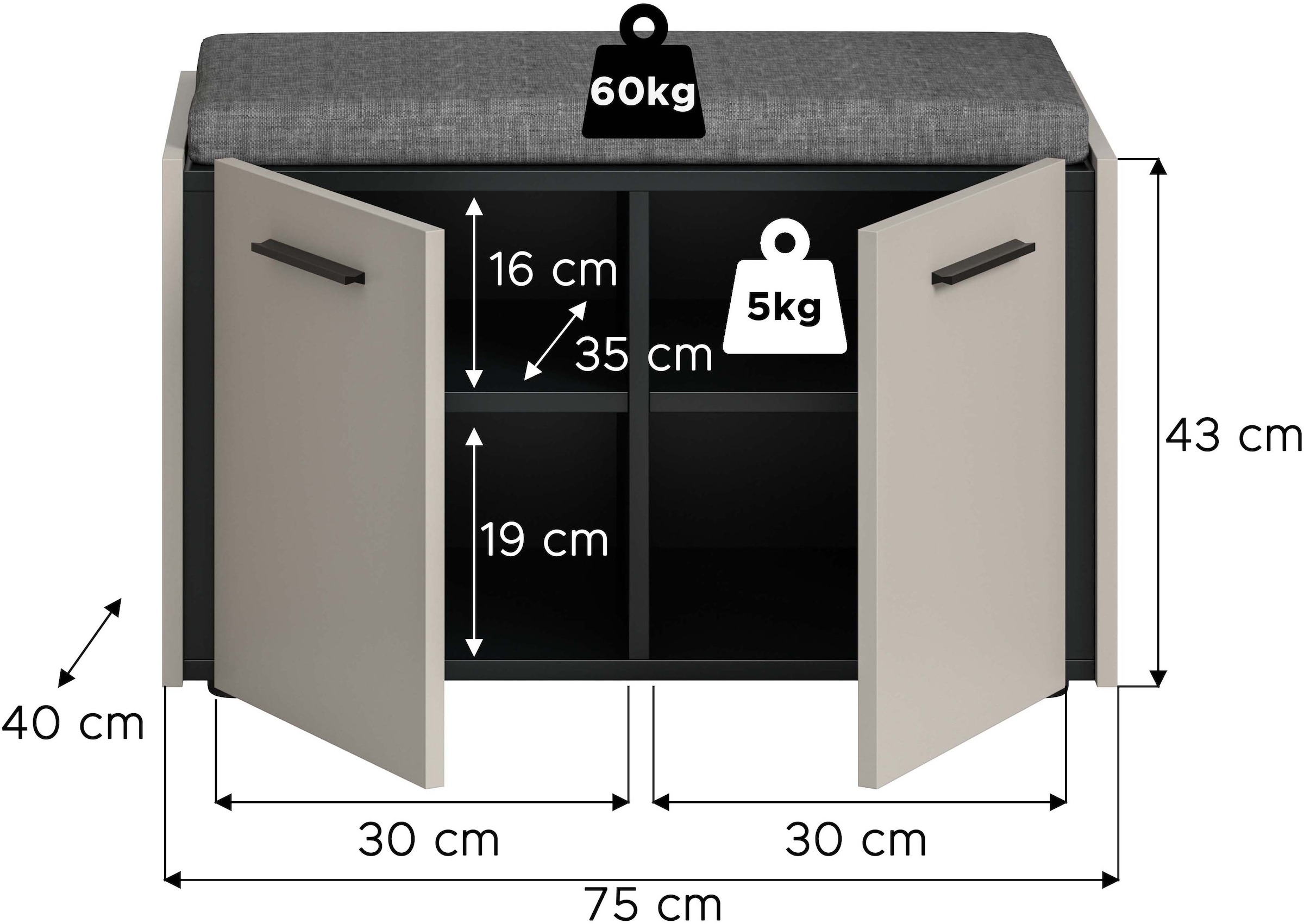 Home affaire Sitzbank »RAK, Breite 75 cm, inkl. Sitzkissen, 2 Türen, 2 Einlegeböden, 4 Fächer« bietet Platz für ca. 12 Schuhe,  Bank, Garderobenbank, Dielenbank, Flurbank, Kommode