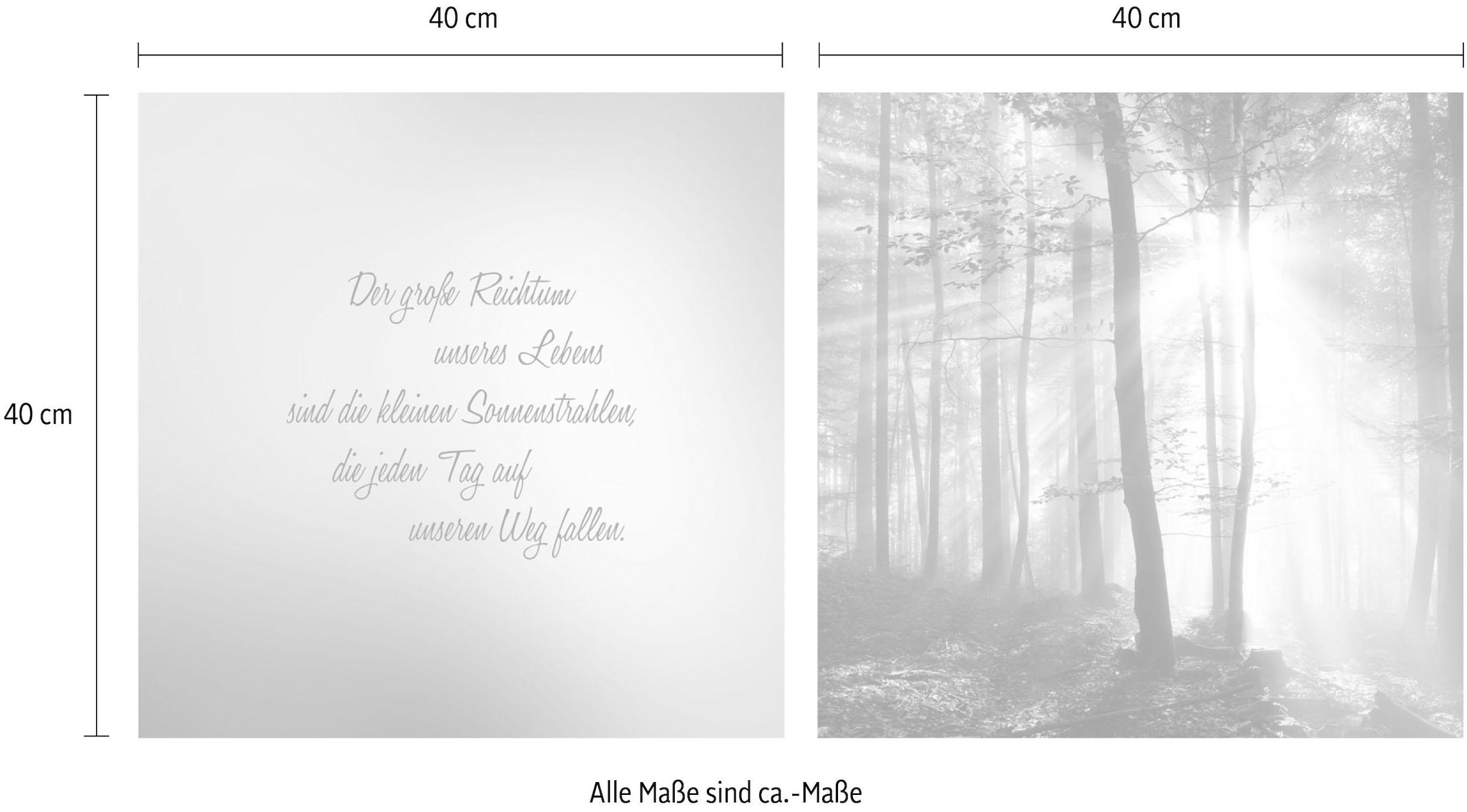 queence Leinwandbild »Sonnenstrahlen«, Wald-Waldbilder-Sonnenaufgang-Himmel-Kunst-Modern-Spa-Spa Bilder-Sprüche-Sprüche & Texte-Schriftzug-Schriftzüge, (Set), Premium-Leinwandstoff, Handarbeit aus Deutschland, Spruch, 2er Set