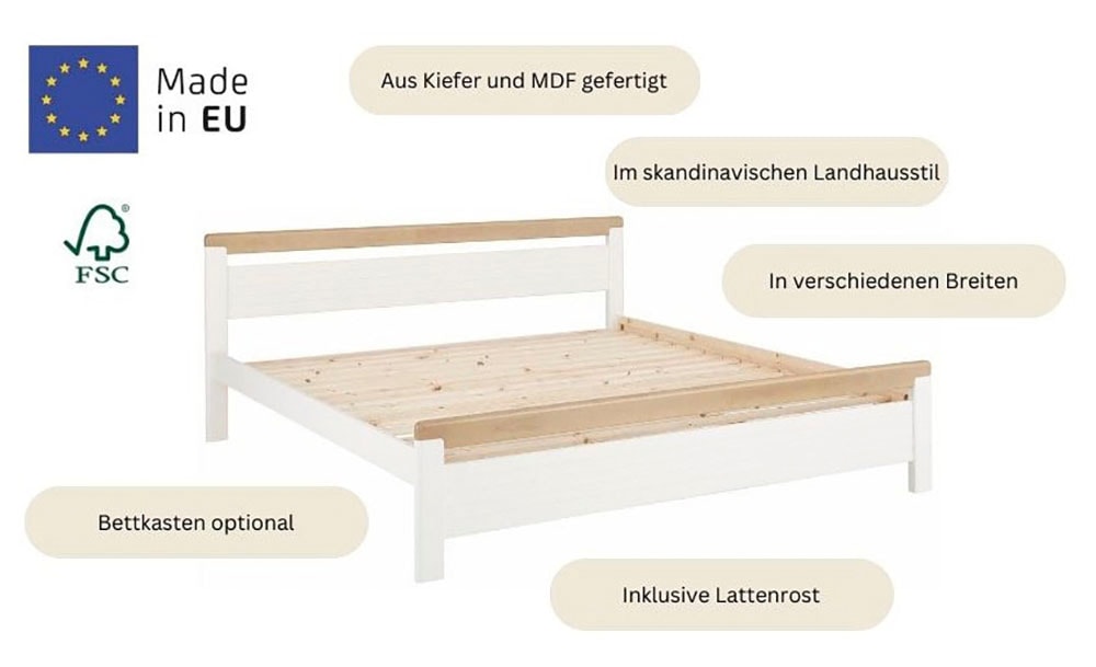 Home affaire Massivholzbett »"CAPRE" im skandinavischem Landhausstil«, in verschiedenen Breiten, zertifiziertes Massivholz, Lamellenoptik