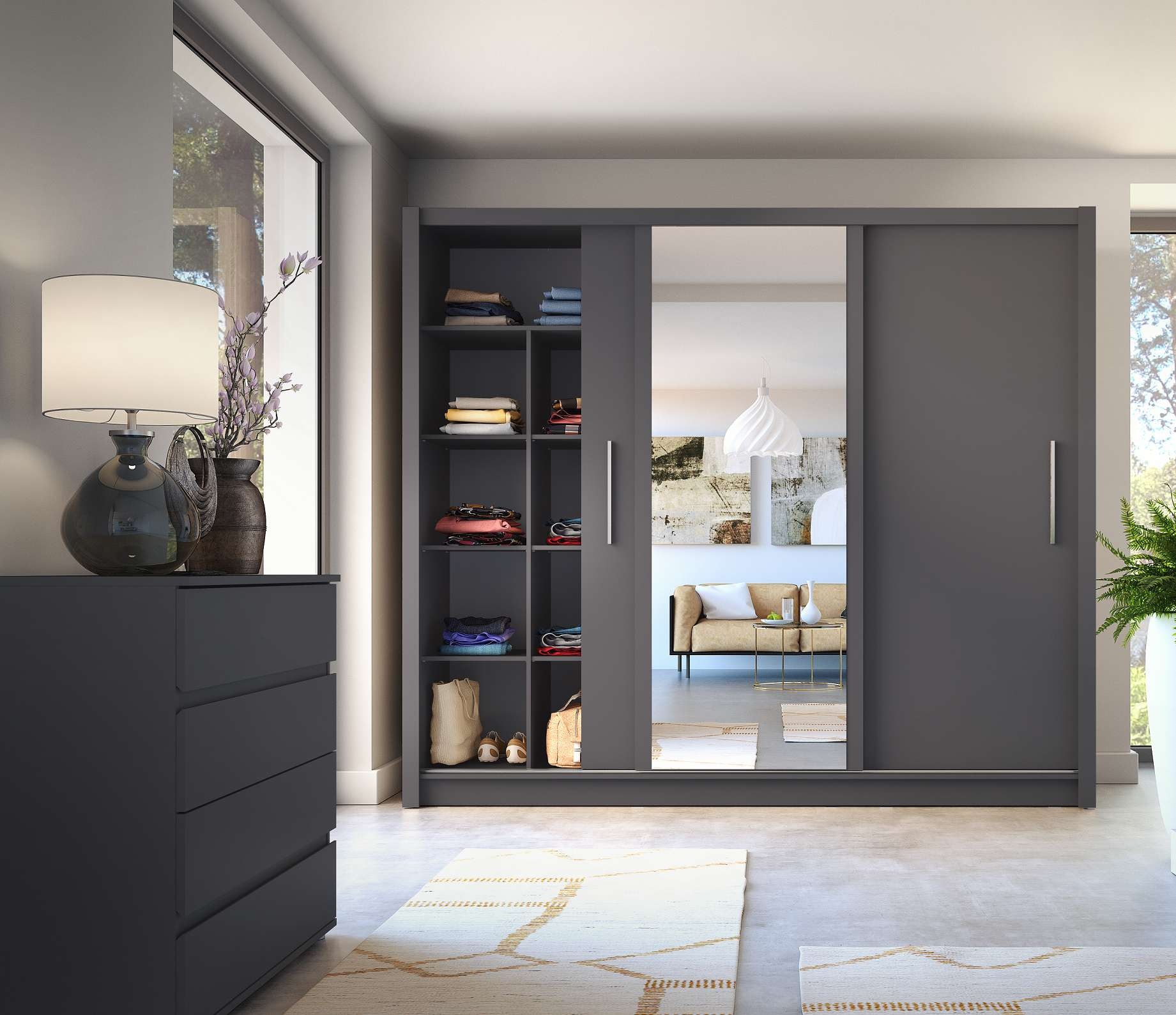 Home affaire Kleiderschrank »BELAVIEN Schwebetüren mit 15 Fächer, Kleiderstange und Spiegel« Garderobe mit 3 Schwebetüren und Spiegel, Maße B/T/H: 247,8/61,6/215