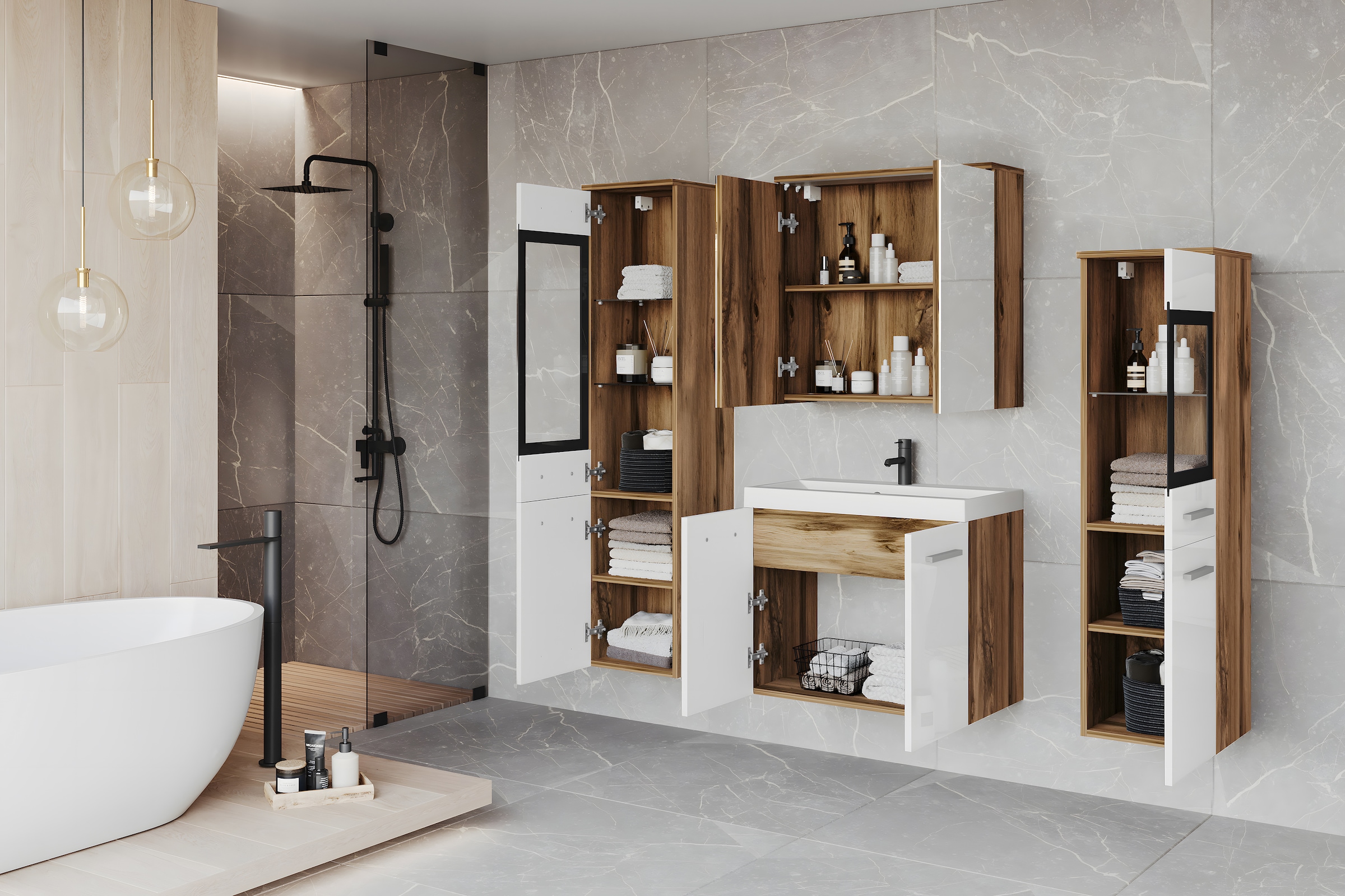 welltime Badmöbel-Set »MADRIT II, Schrank mit Waschbecken, 2 Hänger, Spiegelschrank«, (Komplett-Set, 5 St.), Hängende Badmöbel mit Glaseinsätzen – in vielen Farben erhältlich