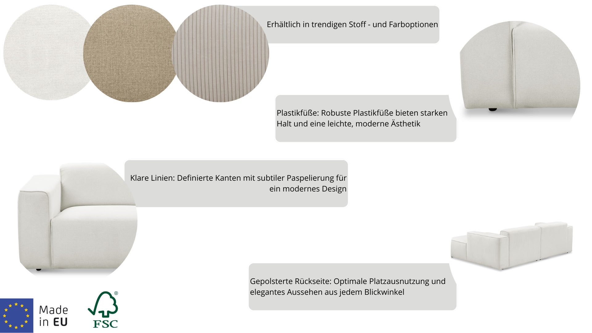 andas Ecksofa »Noord mit Kedernaht, Breite 234 cm«, Cord, Struktur, Webstoff, mit Wellenunterfederung, Massivholzrahmen