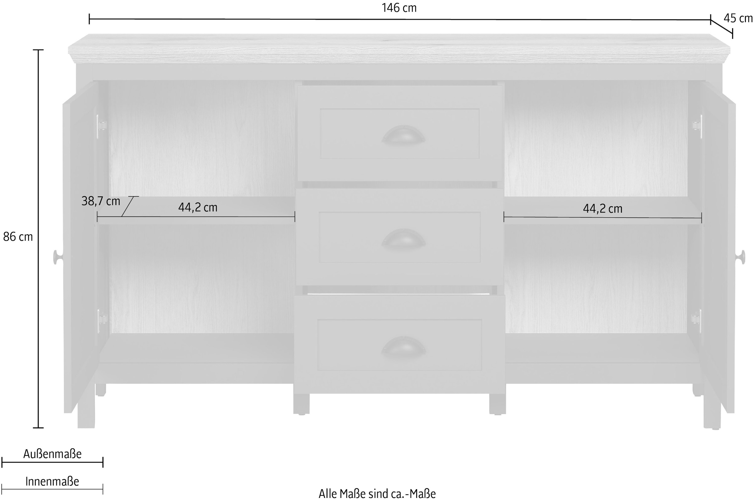 Home affaire Sideboard »Vienna«, Kommode im Landhausstil mit Muschelgriffen - 3 Schubladen und 4 Fächer