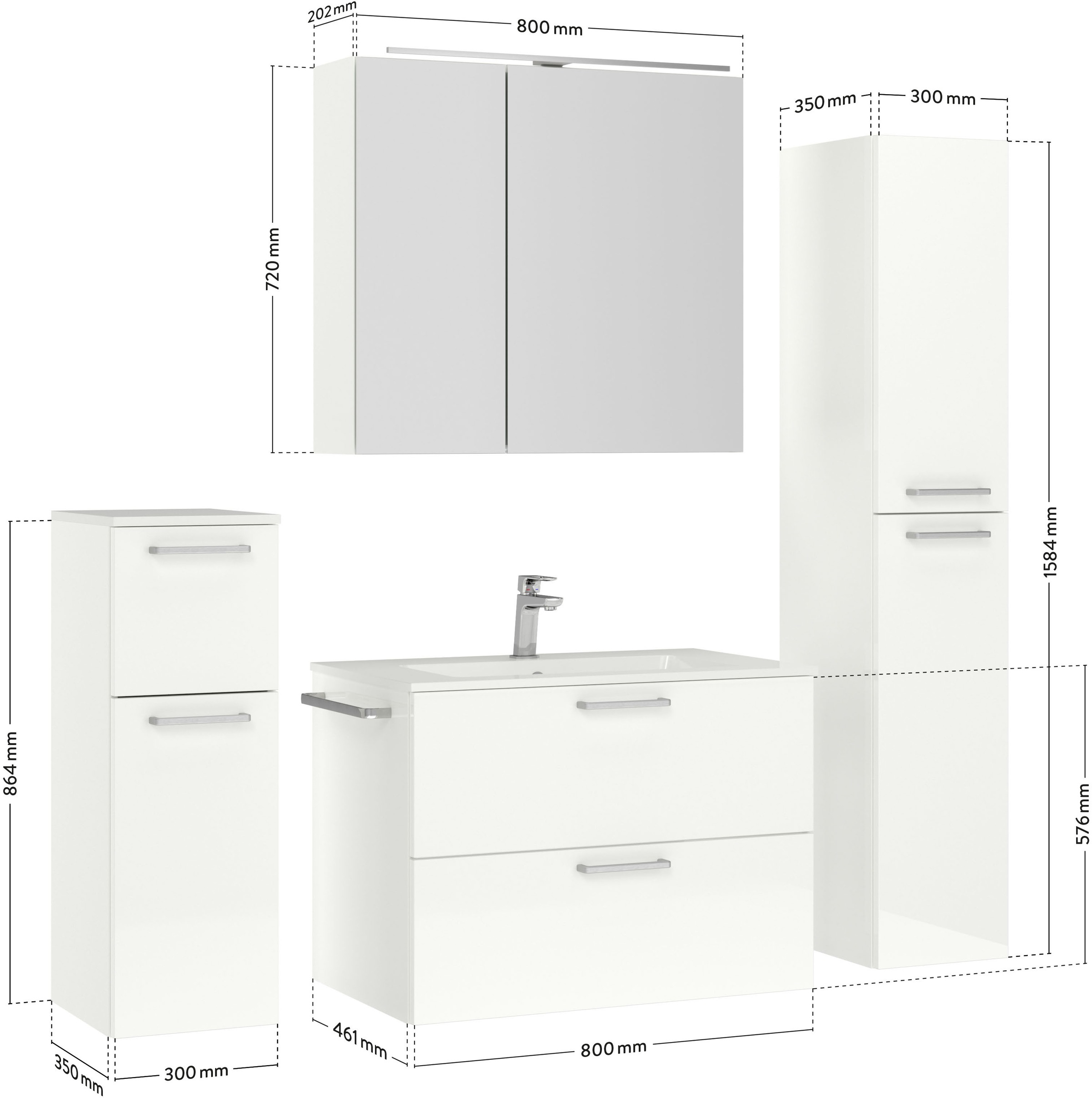 nobilia® Badmöbel-Set »Tolvina«, (4 St., vormontiert, mit Soft-Close), inkl. Spiegelschrank mit Beleuchtung und Dimmerfunktion, in 4 Breiten