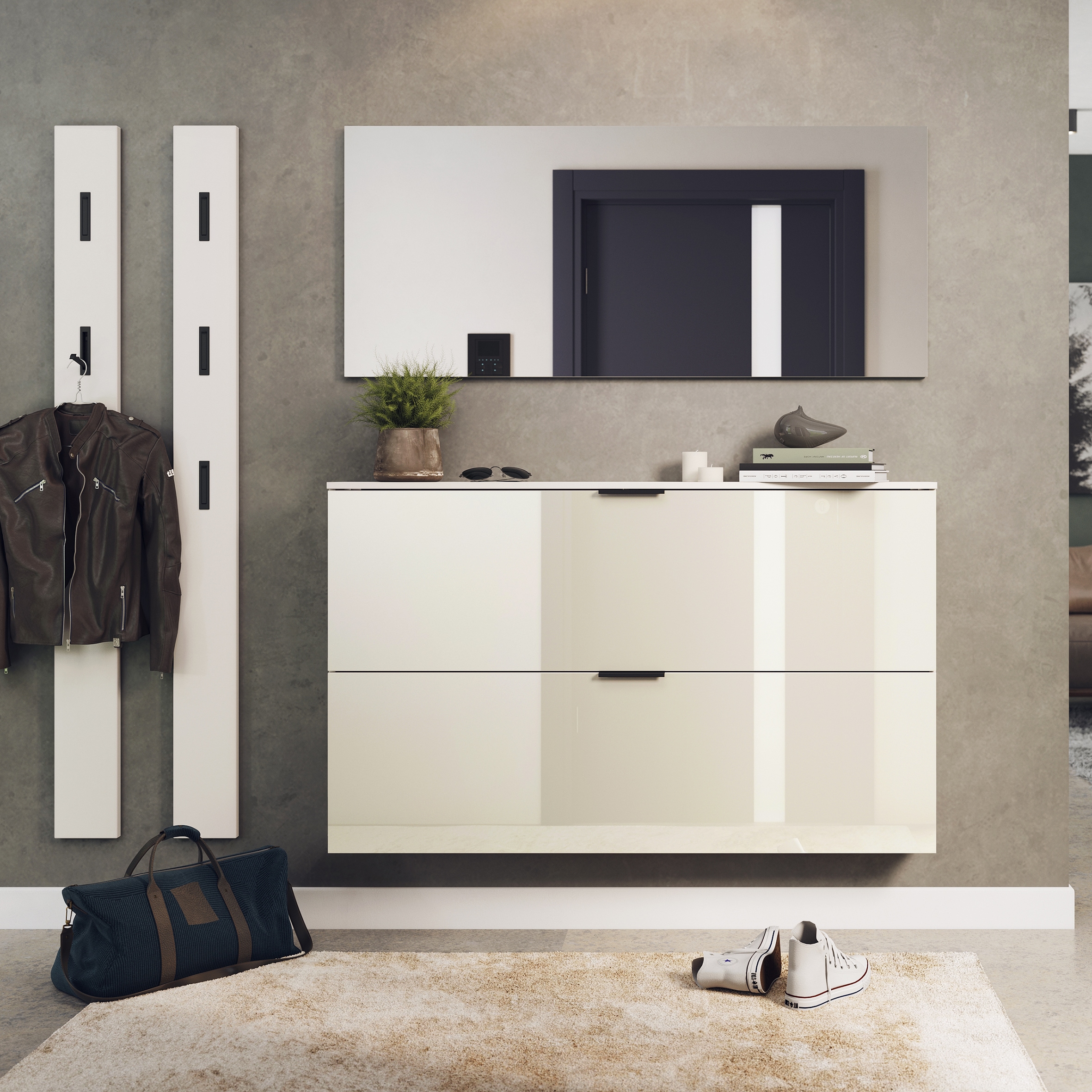 GERMANIA Garderoben-Set »Valega«, (4 St.), Schuhschrank mit Glasfronten, Spiegel und zwei Garderobenpaneelen