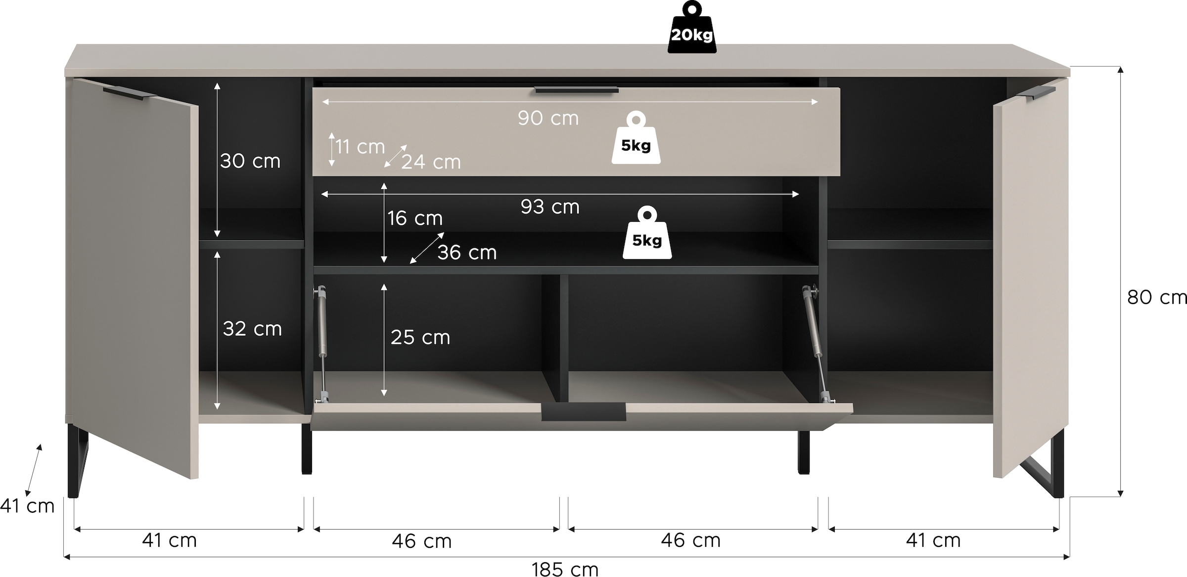 INOSIGN Sideboard »Adio, Sideboard, 185 cm Breite«, (1 St.), Adio, Sideboard, Kashmir NB,2 Türen,1 Schublade,1 Klappe,offenes Fach