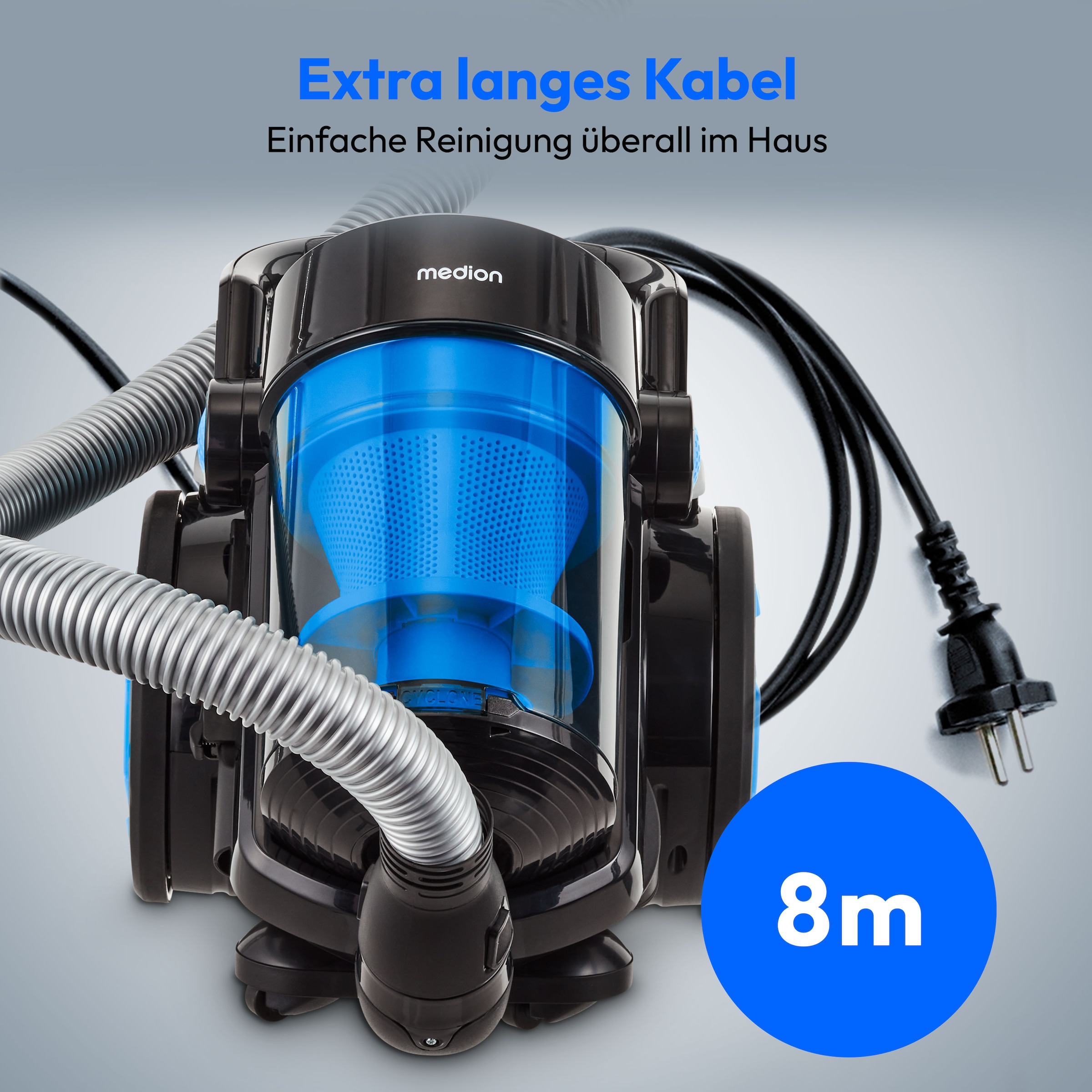 Medion® Bodenstaubsauger »P4000 (MD 11906), 8.000 Pa Saugleistung, 4,3L, Multizyklon-Technologie«, 900 W, beutellos, 11 Meter Kabellänge, HEPA 13 Filter, 75 dB, integriertes Zubehör