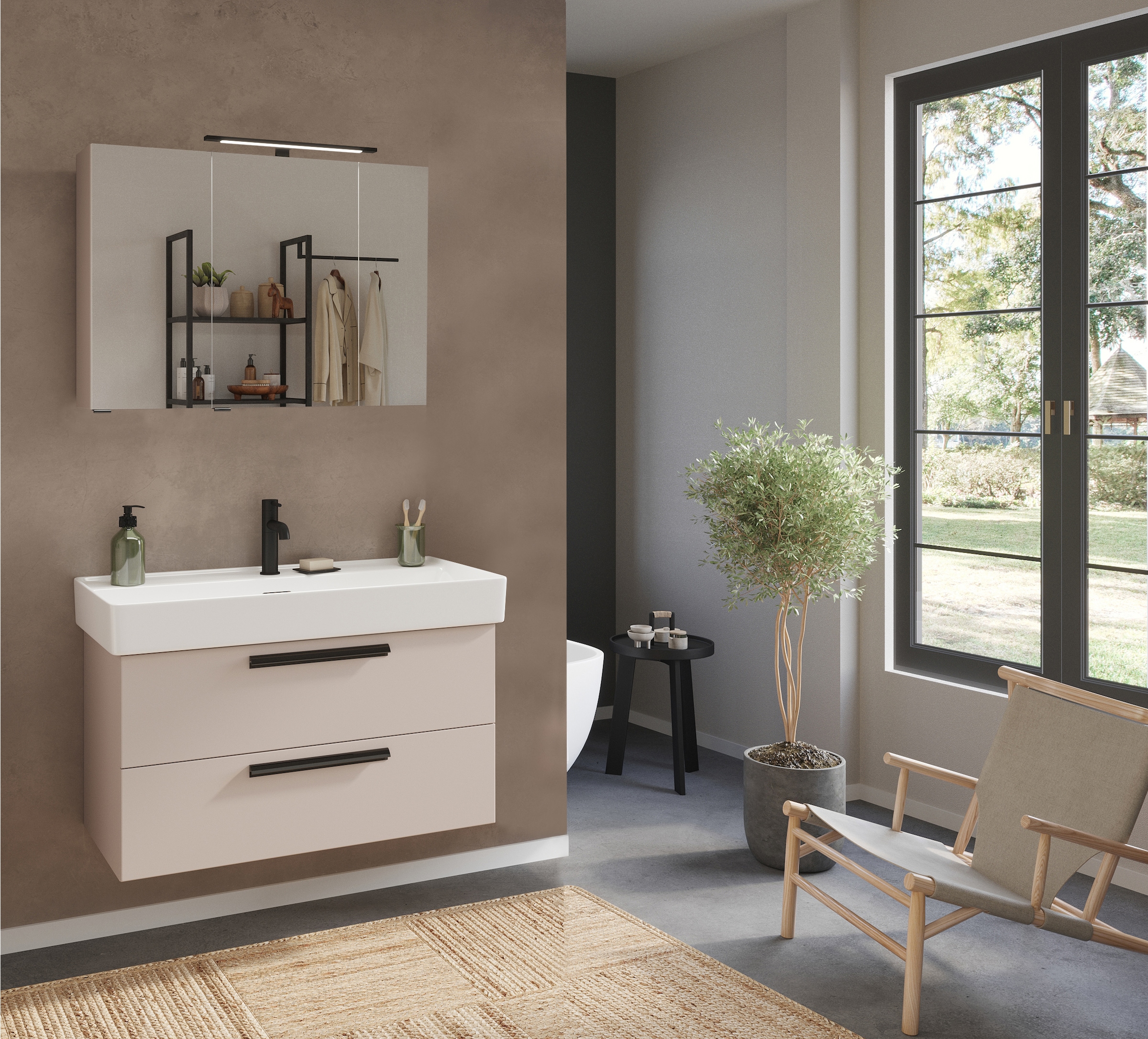 welltime Badmöbel-Set »SALVADA, 2tlg-Set, gedämpfte Scharniere, Softclose, Keramikbecken« Maße (B/T/H): 100/47,5/200 cm, 