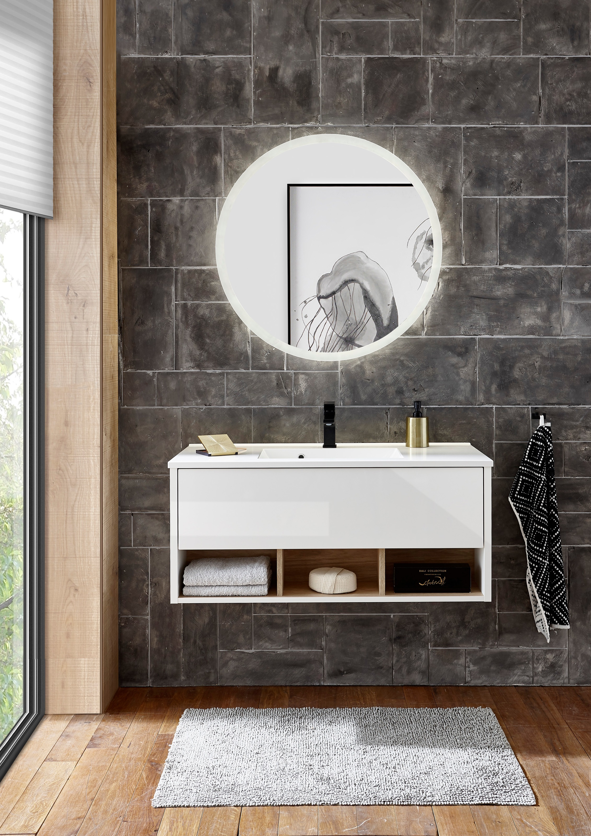 Places of Style Badmöbel-Set »Studio Line, Bad im modernen Design, 2-teiliges Badezimmer«, (2 St.), Waschtisch und Spiegel, in zwei Farben verfügbar, viel Stauraum