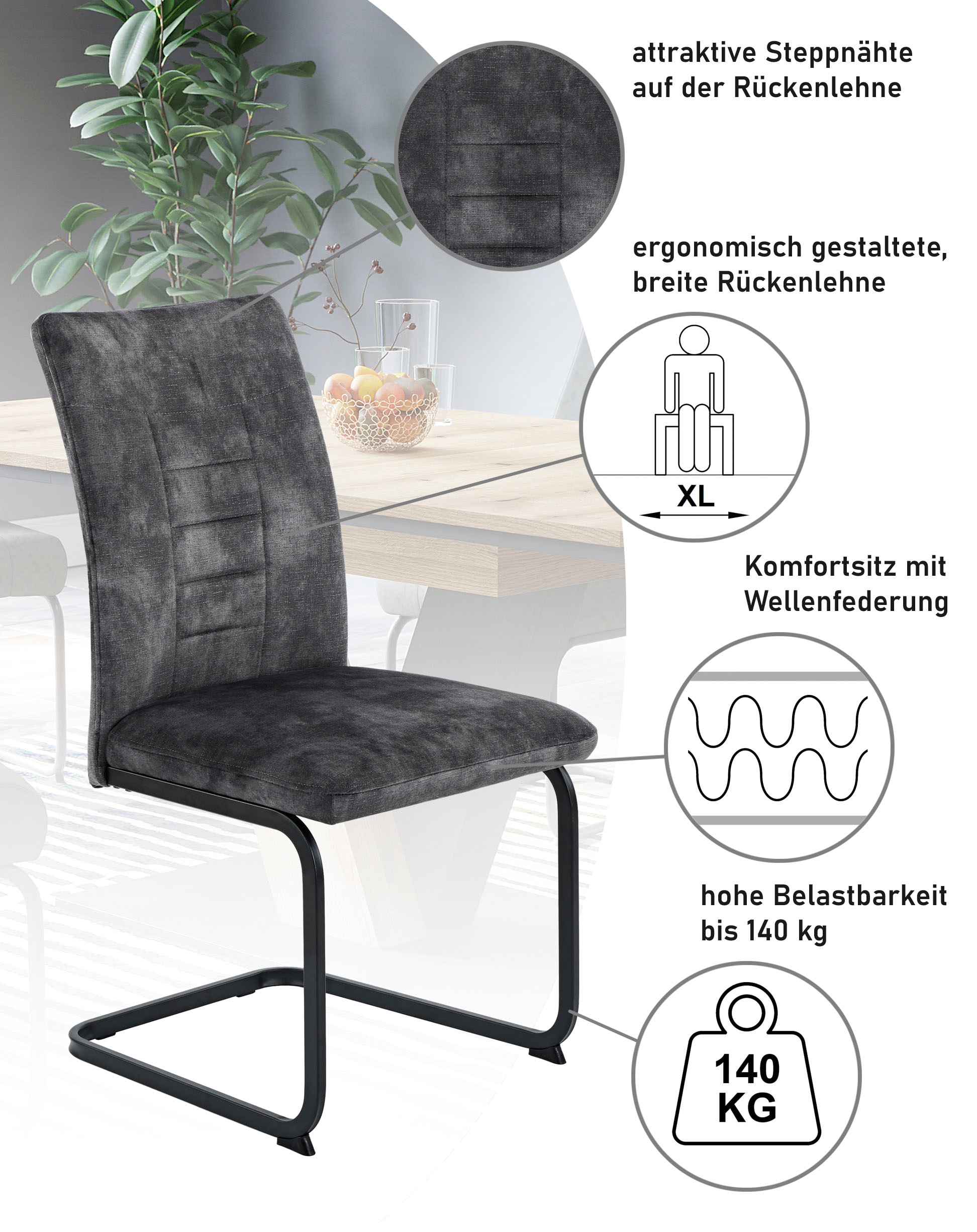 HELA Freischwinger »GELA« (Set) 4 Stk.XL, Wellenfederung, Komfortsitz, Vintage Optik, 140kg belastbar