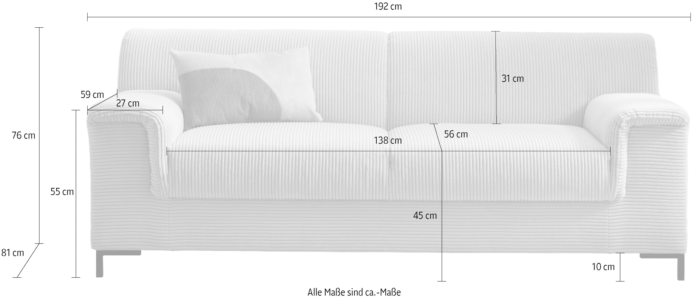 INOSIGN 2,5-Sitzer »Jamie 2 auch in Cord B/T/H: 192/81/76 cm«, zeitlos, modern, mit komfortablem Federkern