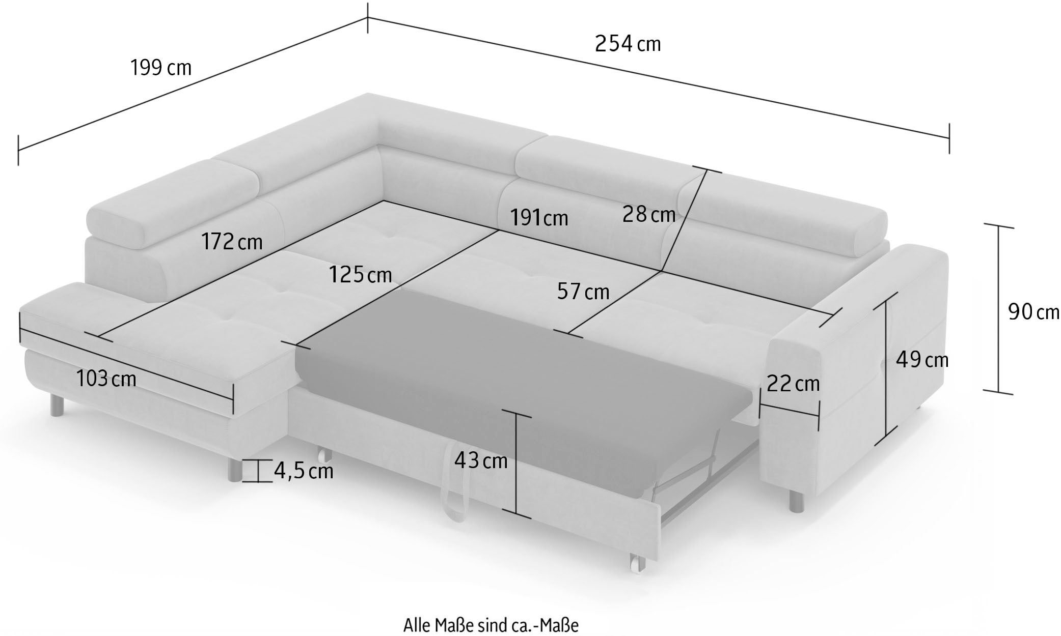 OTTO home »AADEN Schlafsofa 254 cm - OTTO. Verlässliche Qualität.« mit Bettfunktion, Bettkasten, Kopfstützen, rechts/links bestellbar