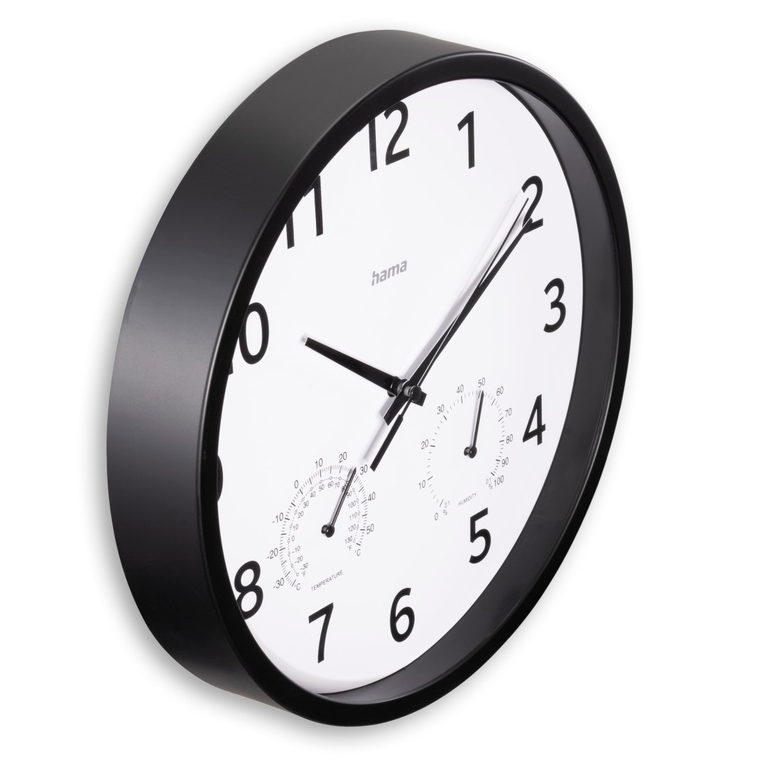 Hama Wanduhr »Wanduhr "Malta", Ø 25 cm, ohne Ticken, Schwarz«, geräuscharm, mit Thermo-/Hygrometer