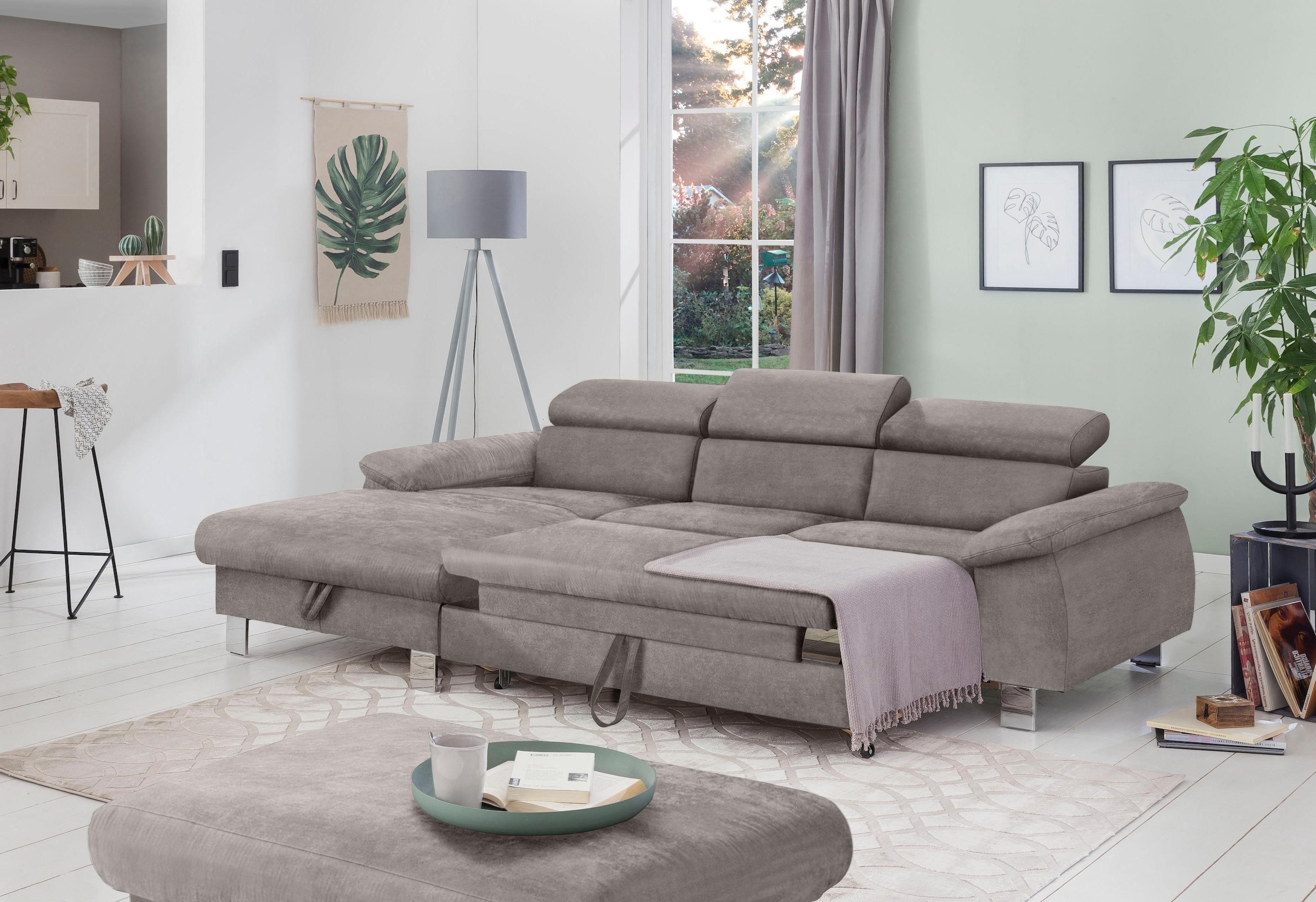 COTTA Ecksofa Komaris, Ecksofa, wahlweise mit RGB-LED-Beleuchtung und Bettfunktion/Bettkasten