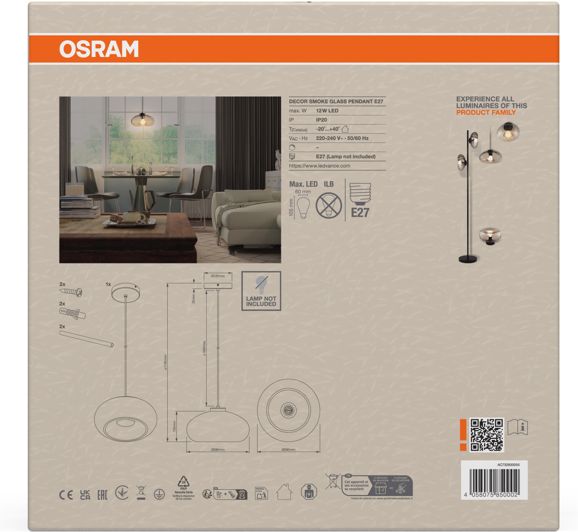 Osram Pendelleuchte »Decor Smoke Glass« E27 1 Stk. schwarz, E27, Stahl und Glas