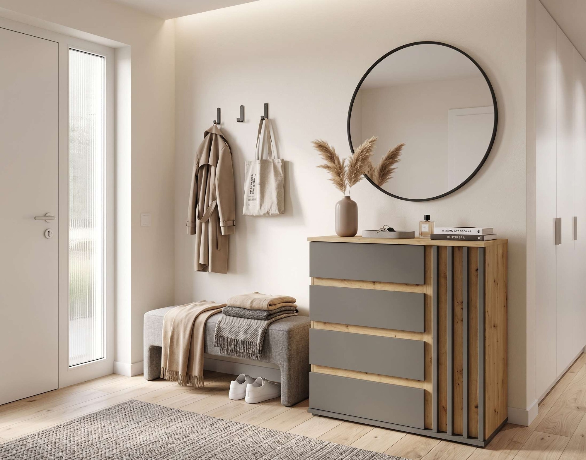 Home affaire Kommode »LANDUVA Sideboard mit viel Stauraum, Breite 80 cm« Schrank mit Schubladen und 1 Tür, Lamellen Design