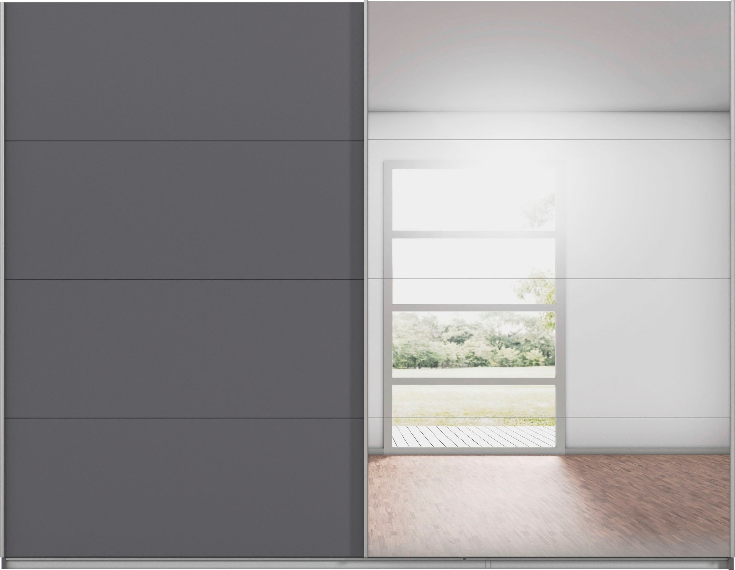 INOSIGN BY RAUCH Schwebetürenschrank »Kleiderschrank Schrank Garderobe Schlafzimmerschrank THANOS«, (in 3 verschiedenen Ausstattungen BASIC/CLASSIC/PREMIUM), Optional mit Spiegel, Metall-Griffleisten alufarben MADE IN GERMANY