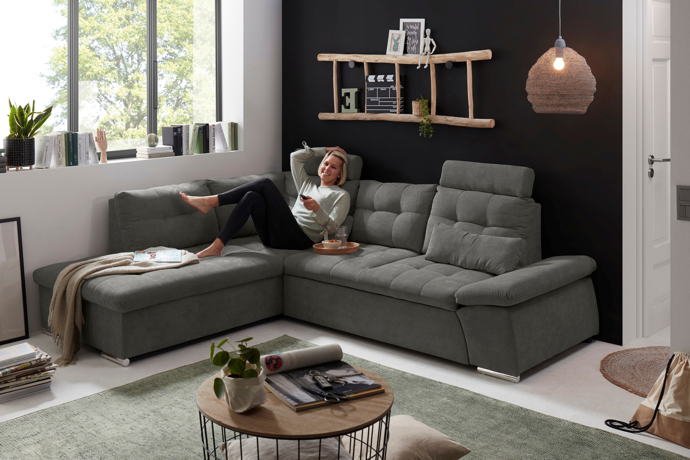 ED EXCITING DESIGN Ecksofa »Nalo L-Form«, mit Bettfunktion, Armteilverstellung, Kopfstützen & 2 Nierenkissen