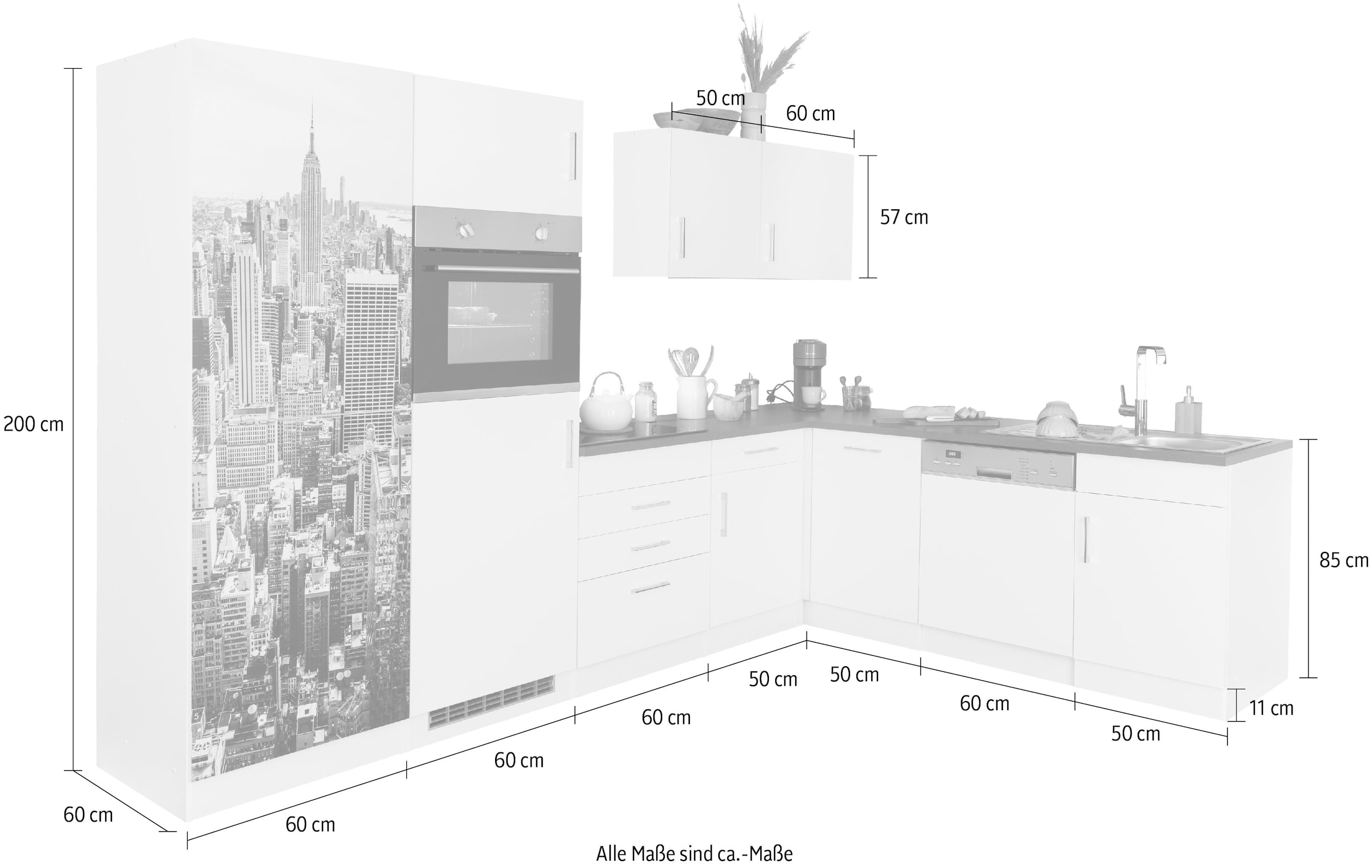KOCHSTATION Küchenzeile »KS-Paris – Küchen mit einzigartigen Fotomotiven auf den Fronten« Stellbreite 290/220 cm, wahlweise mit E-Geräten und Induktion