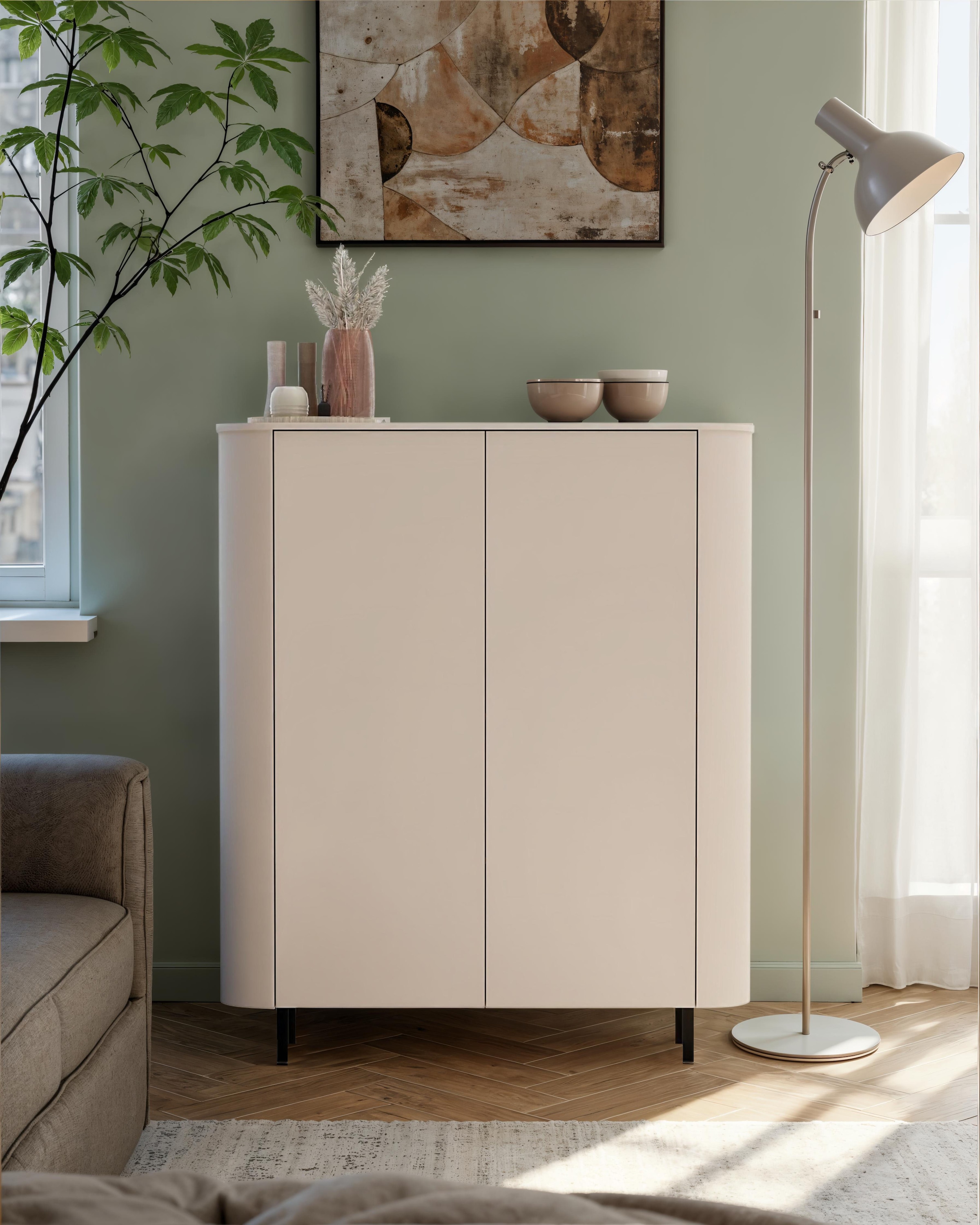 INOSIGN Highboard »Lido, B/H 131/154 cm, 2 Türen, Stauraumschrank, Hochkommode« Formgebogenes MDF, Stirnseiten mit Rundung, Push-to-open, Metallfüße